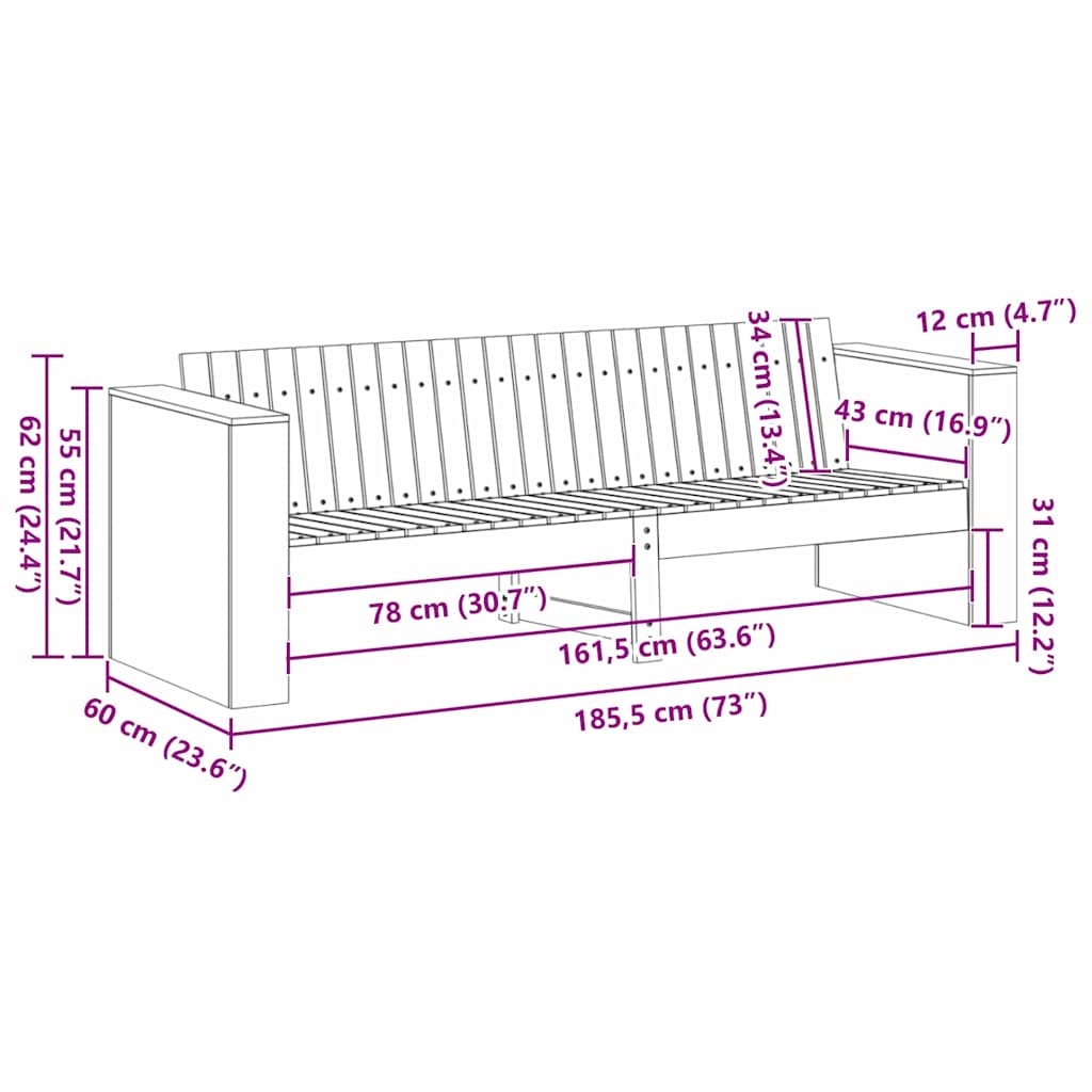 Garden Sofa 185.5 X 60 X 62 Cm Solid Pine Wood