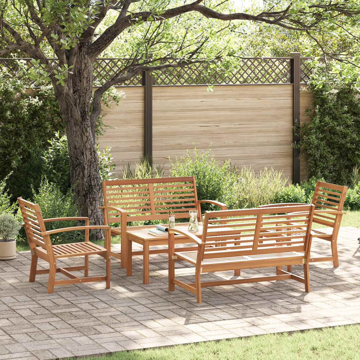Outdoor Furniture Set Garden Sofa 5 Pcs Solid Teak Wood Black Aluminium 71.5 cm