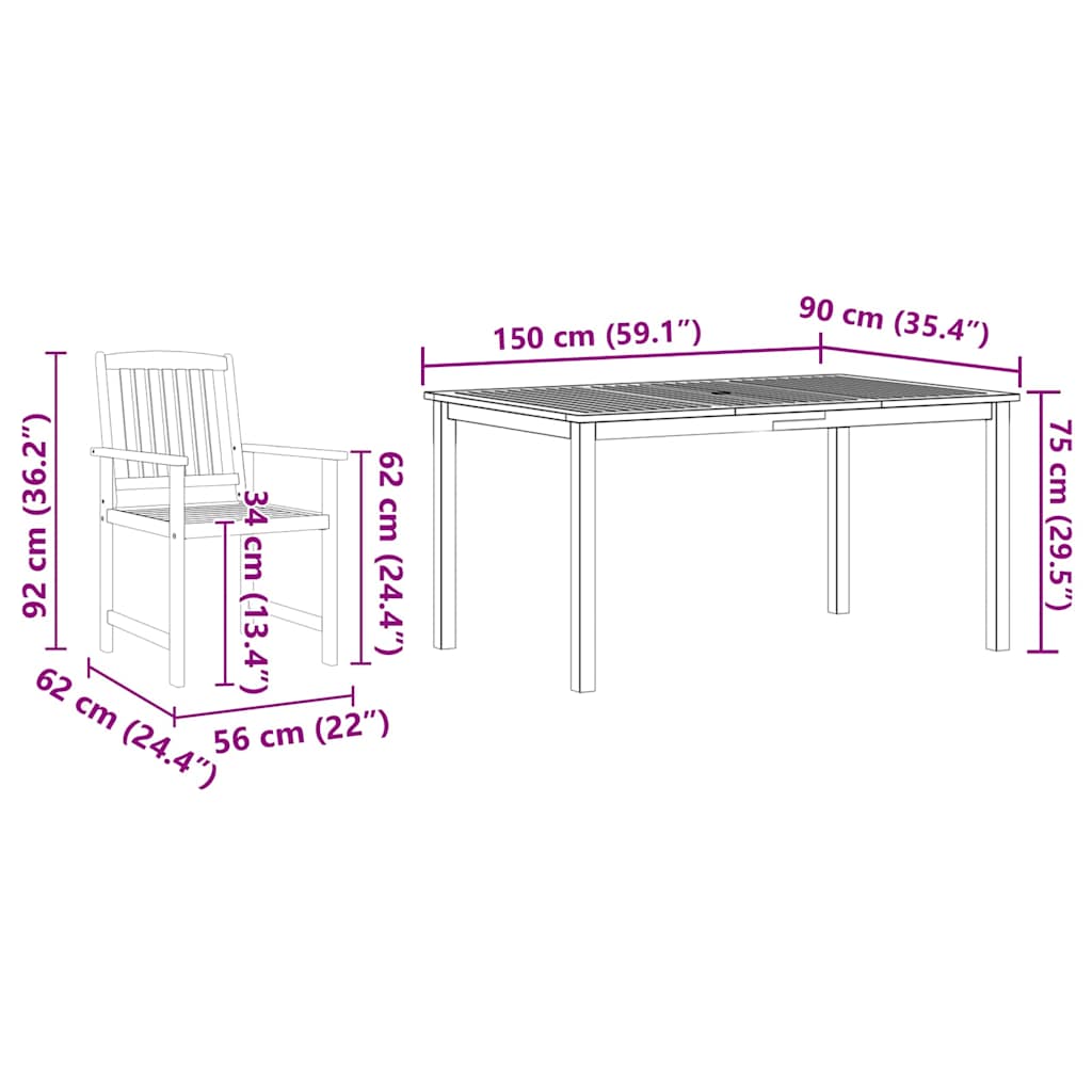 Outdoor Furniture Set 5 Piece Dining Solid Acacia Wood Brown 150 Cm Table Length