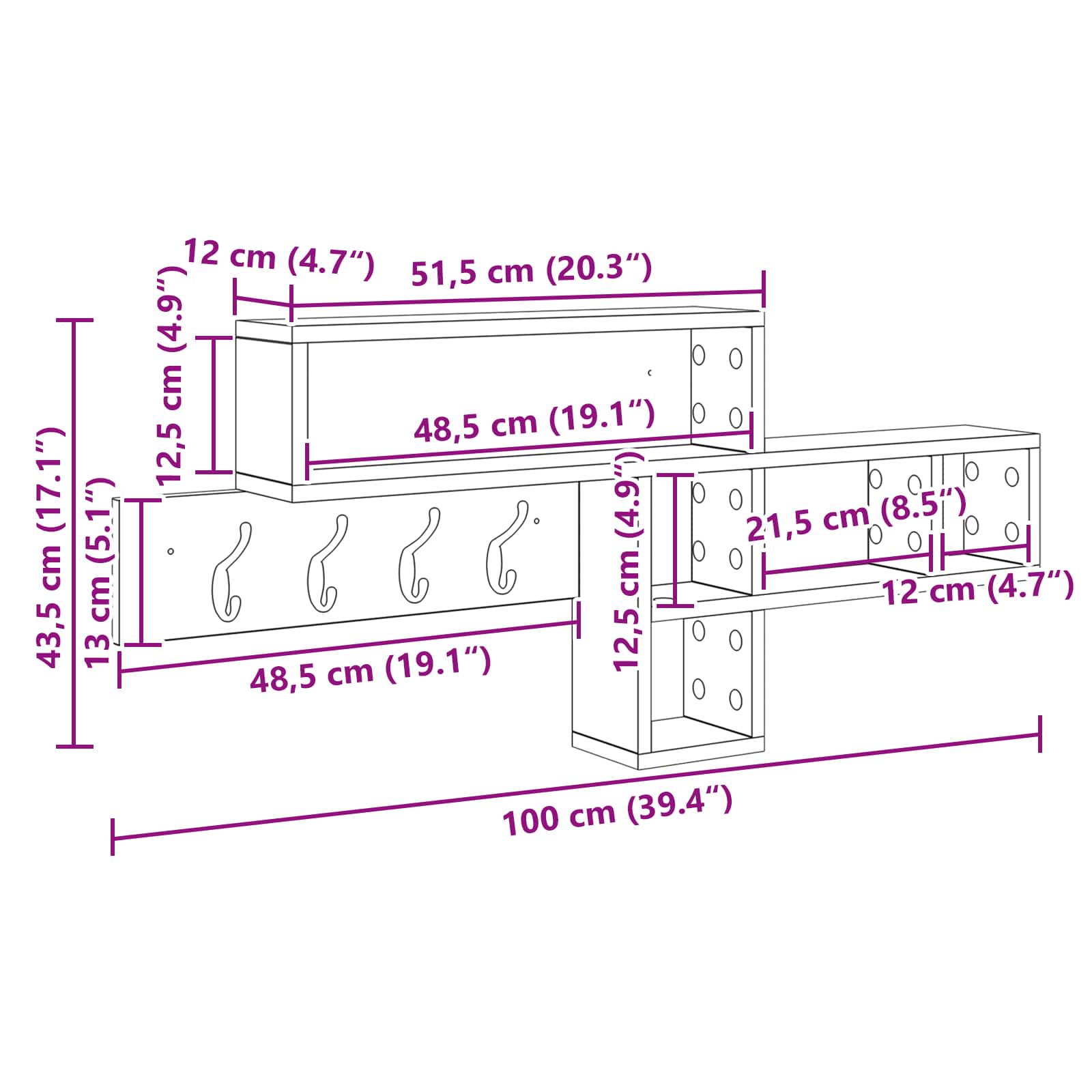 Wall-Mounted Coat Rack With Shelf 100 X 12 X 43.5 Cm