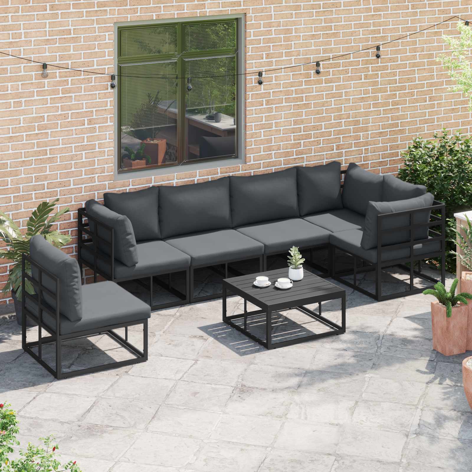 Garden Sofa Set With Cushion 7 Pcs Black Aluminium