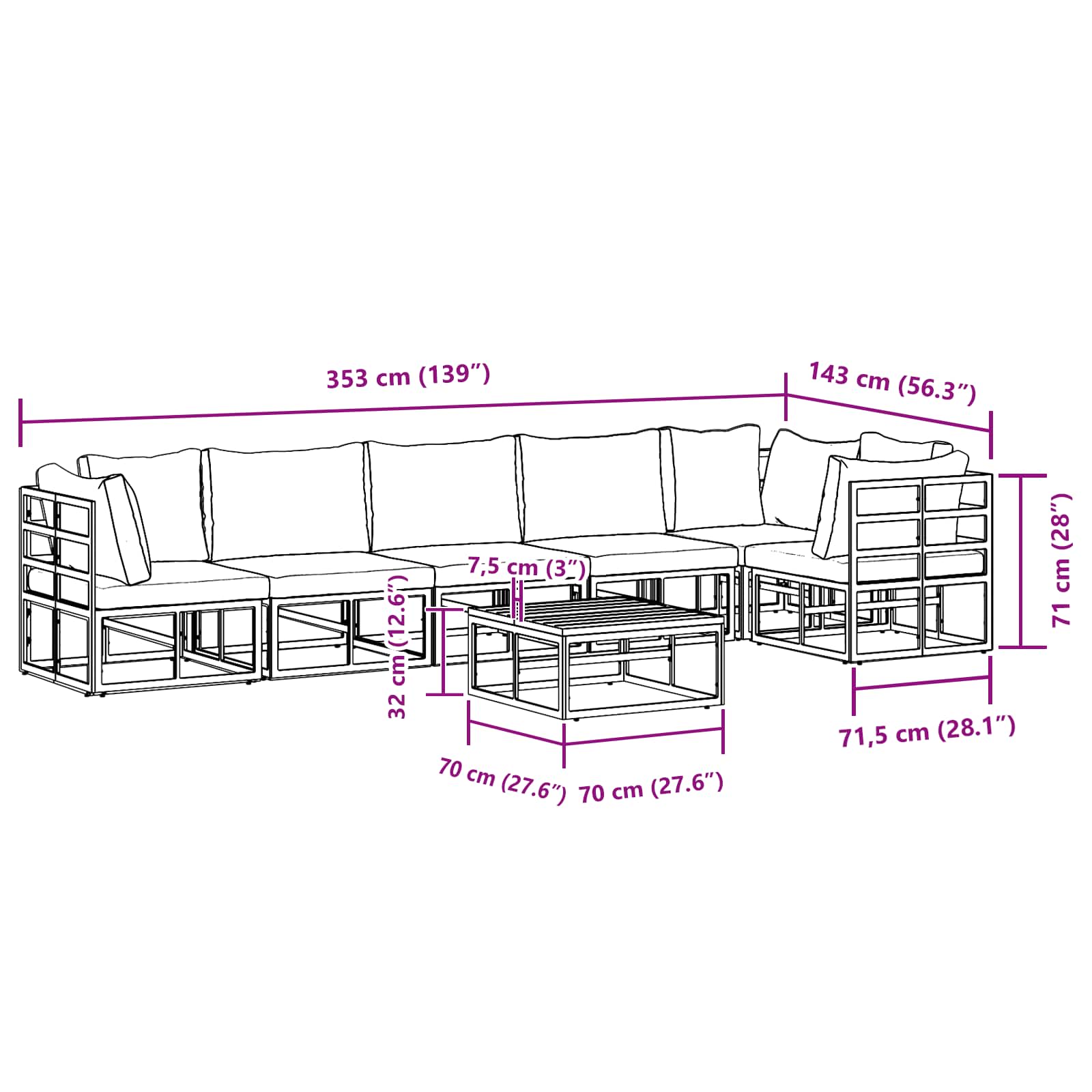 Garden Sofa Set With Cushion 7 Pcs Black Aluminium