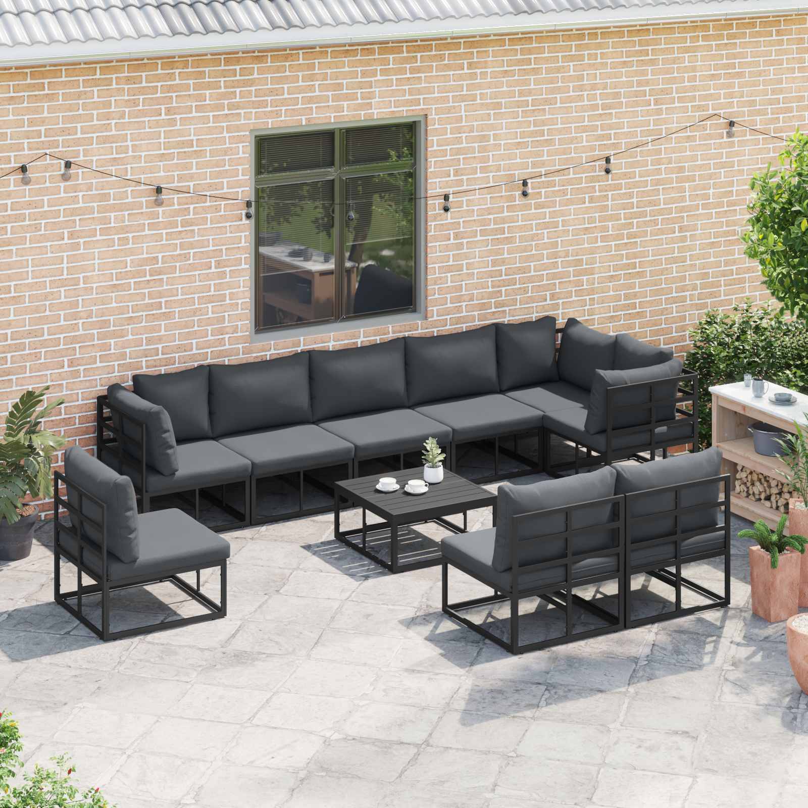 Garden Sofa Set With Cushion 10 Pcs Black Aluminium