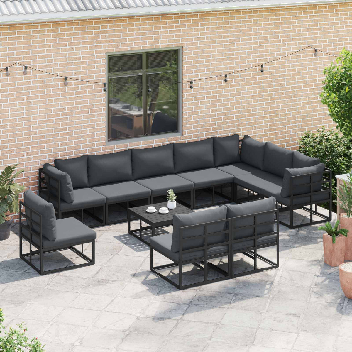 Outdoor Furniture Set Garden Sofa Cushion 11 Pcs Black Aluminium Adjustable With