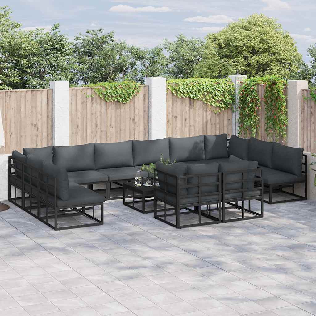 Outdoor Furniture Set Garden Sofa Cushion 12 Pcs Black Aluminium Adjustable LED