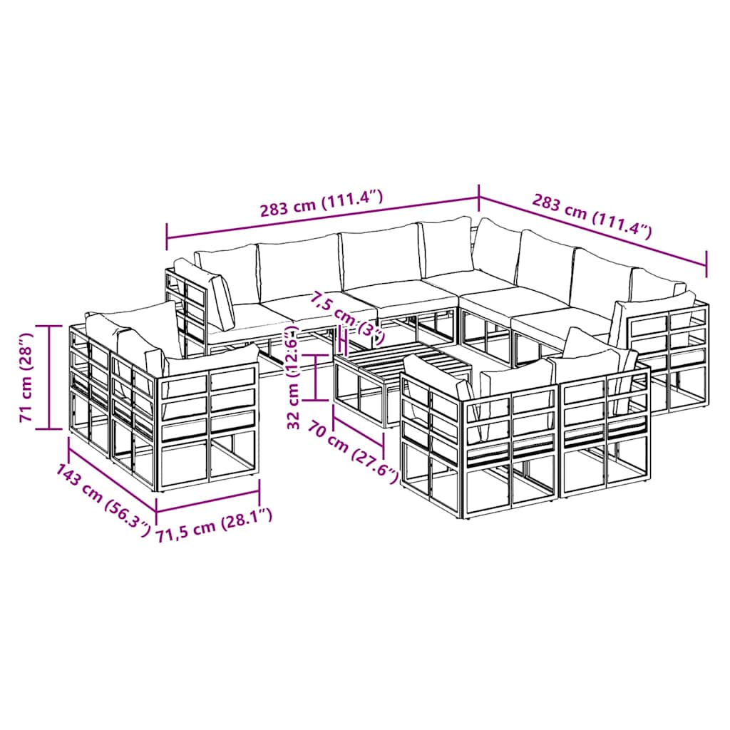 Garden Sofa Set With Cushion 12 Pcs Black Aluminium