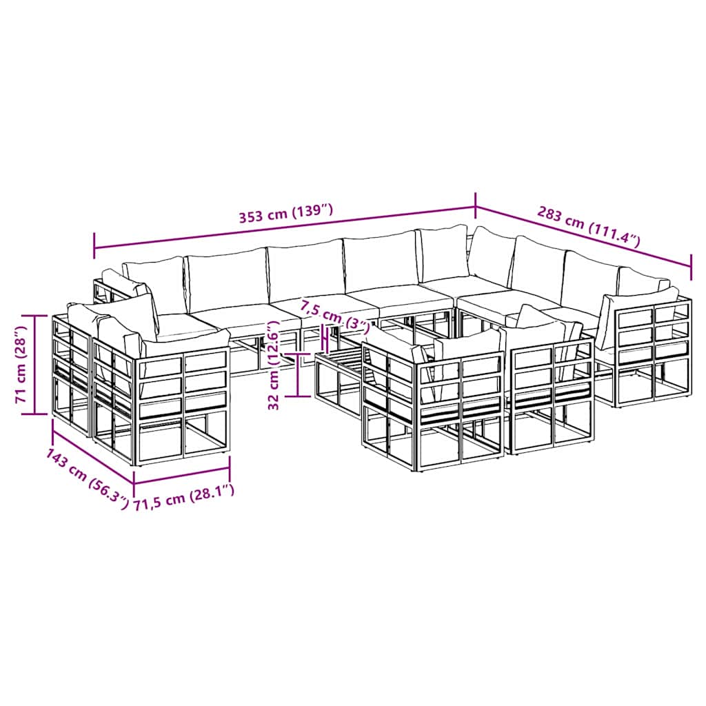 Garden Sofa Set With Cushion 13 Pcs Black Aluminium