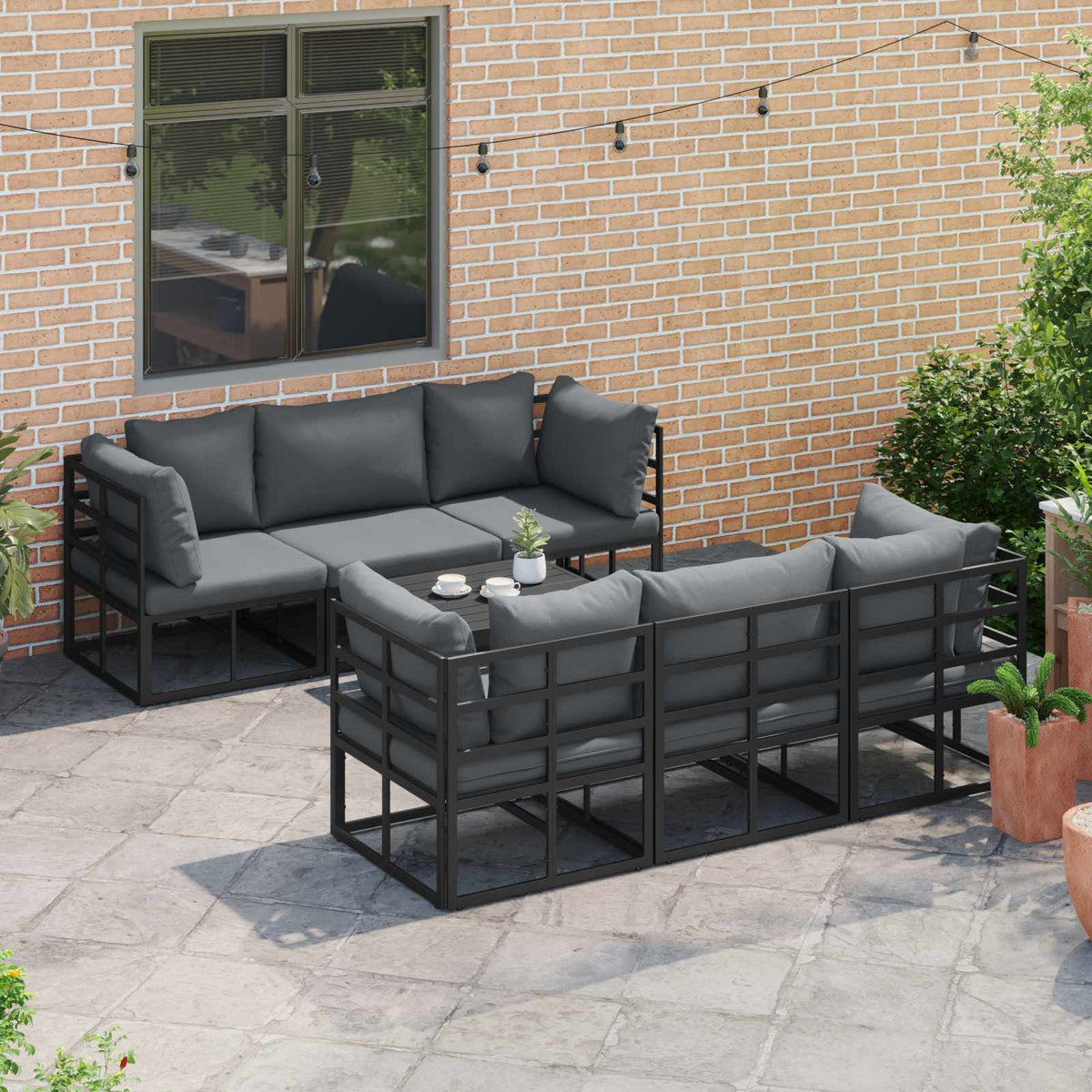 Outdoor Furniture Set Garden Sofa Cushion 7 Pcs Black Aluminium Adjustable Witho