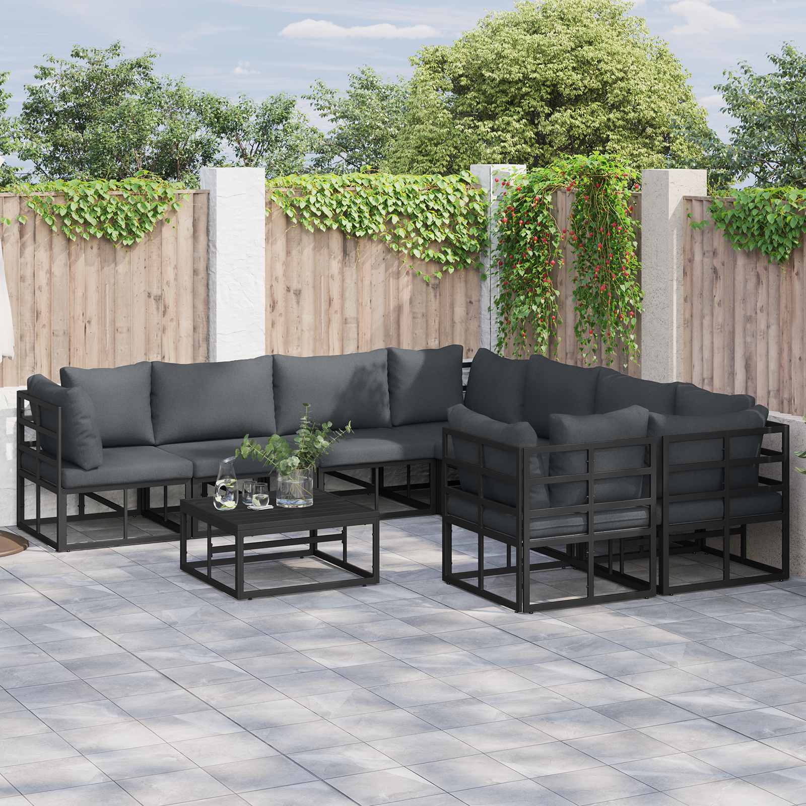 Garden Sofa Set With Cushion 9 Pcs Black Steel