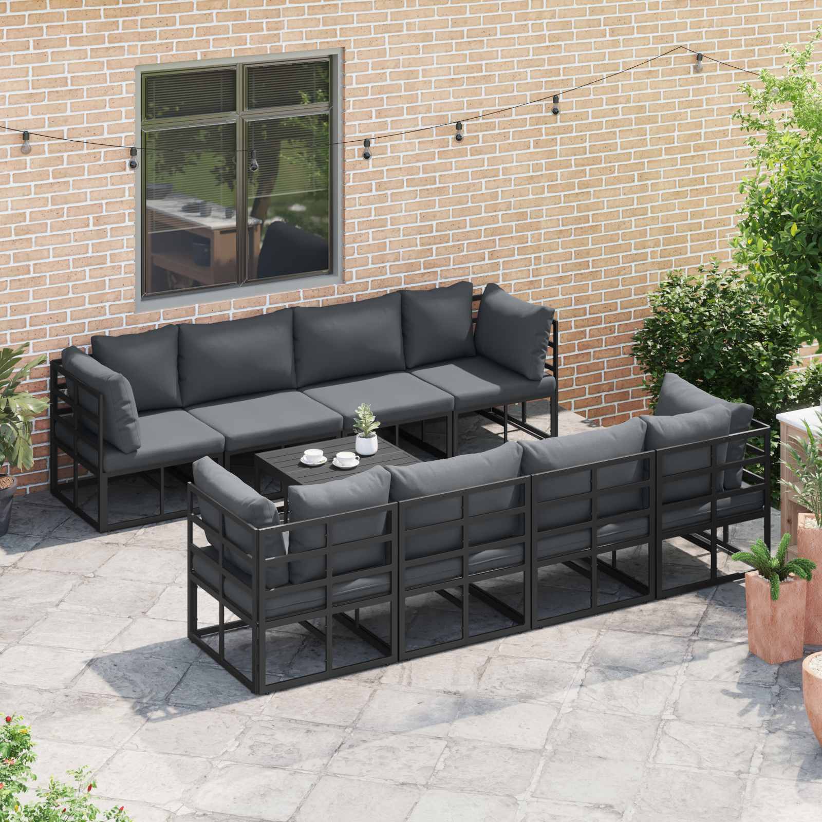 Garden Sofa Set With Cushion 9 Pcs Black Steel