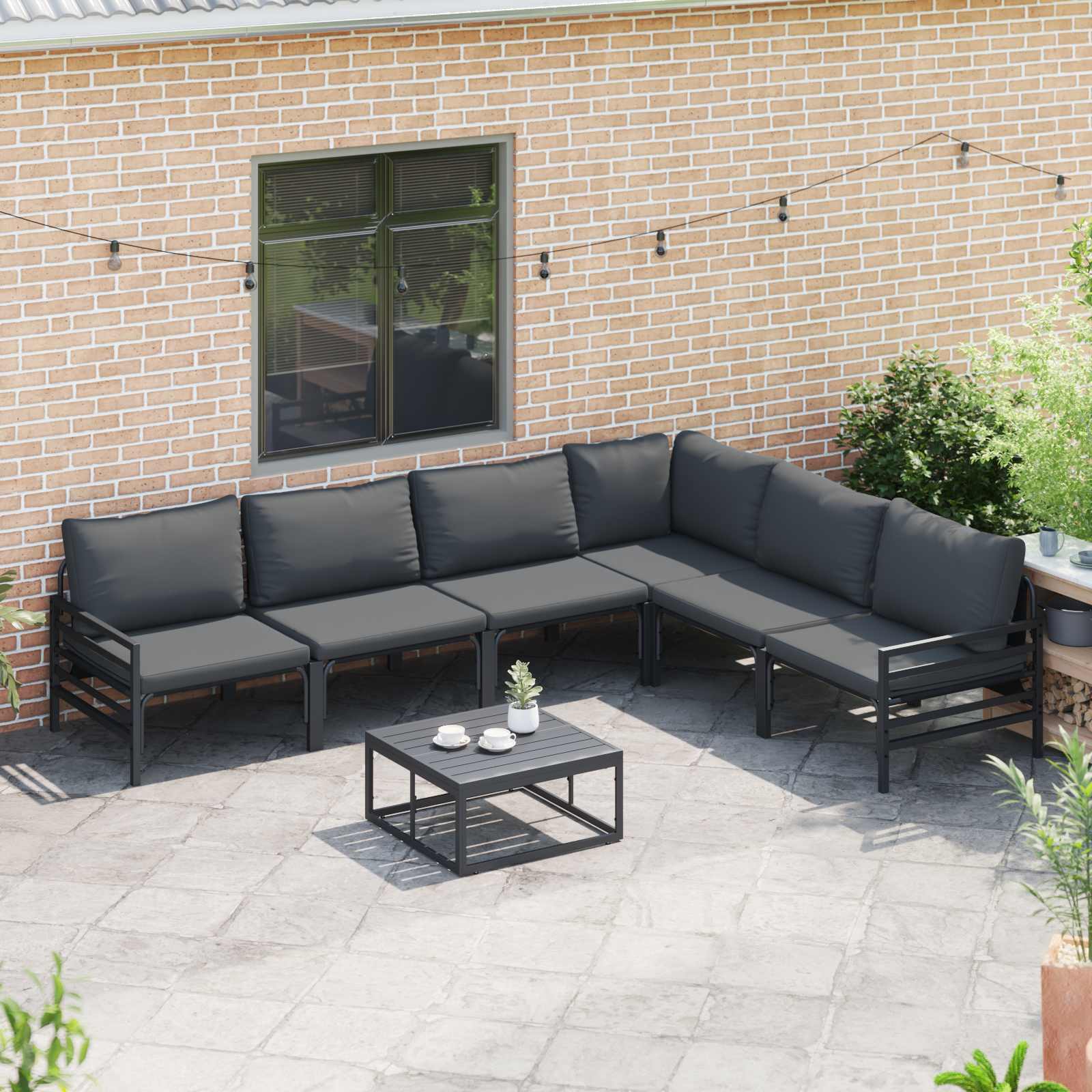Garden Sofa Set With Cushion 7 Pcs Black Steel
