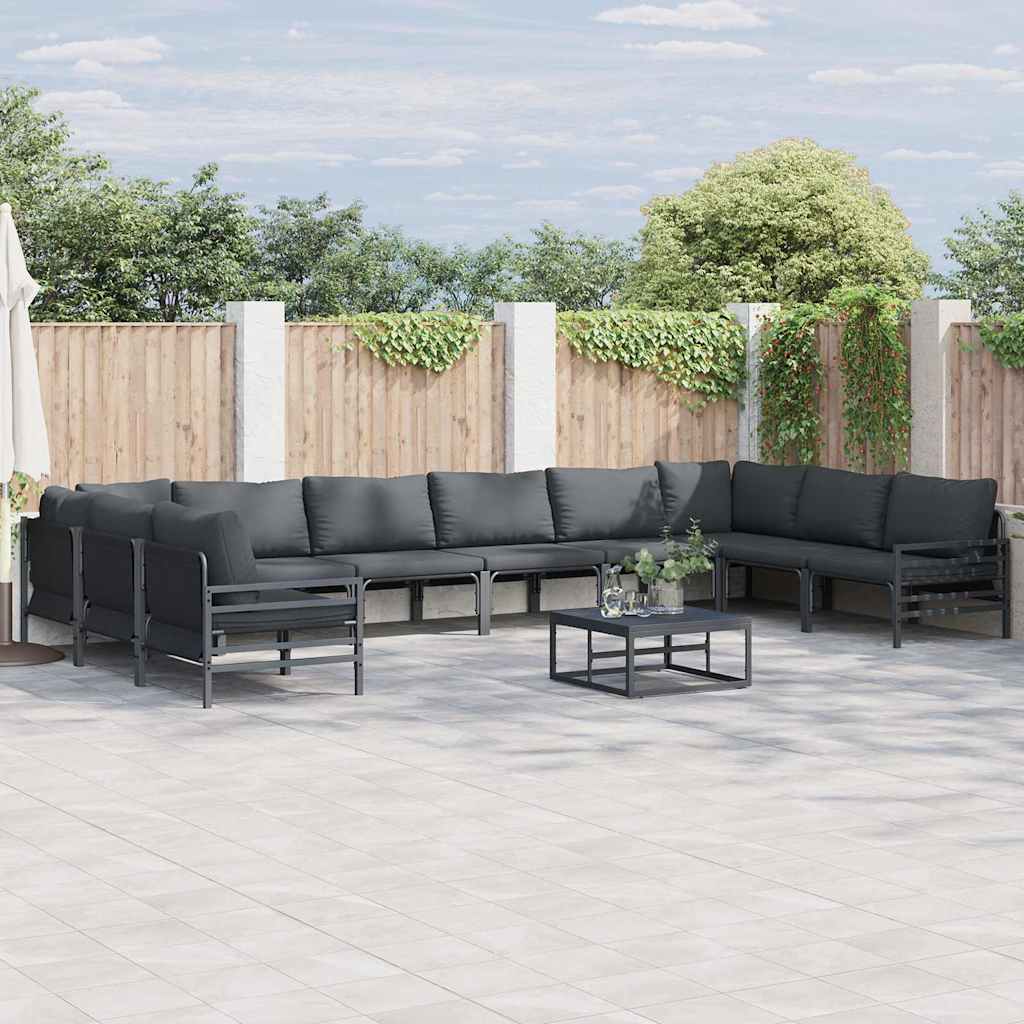 Outdoor Furniture Set Garden Sofa Cushion 10 Pcs Black Steel Powder-Coated Witho