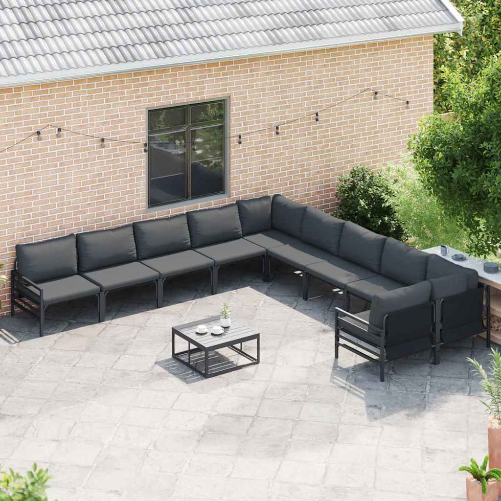 Outdoor Furniture Set Garden Sofa Cushion 10 Pcs Black Steel Powder-Coated Witho