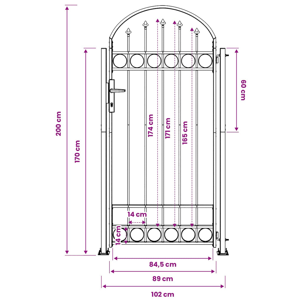 Garden Gate Grey Steel 200x88cm Lockable Fence Posts & 3 Keys ⭐ LED 200 cm