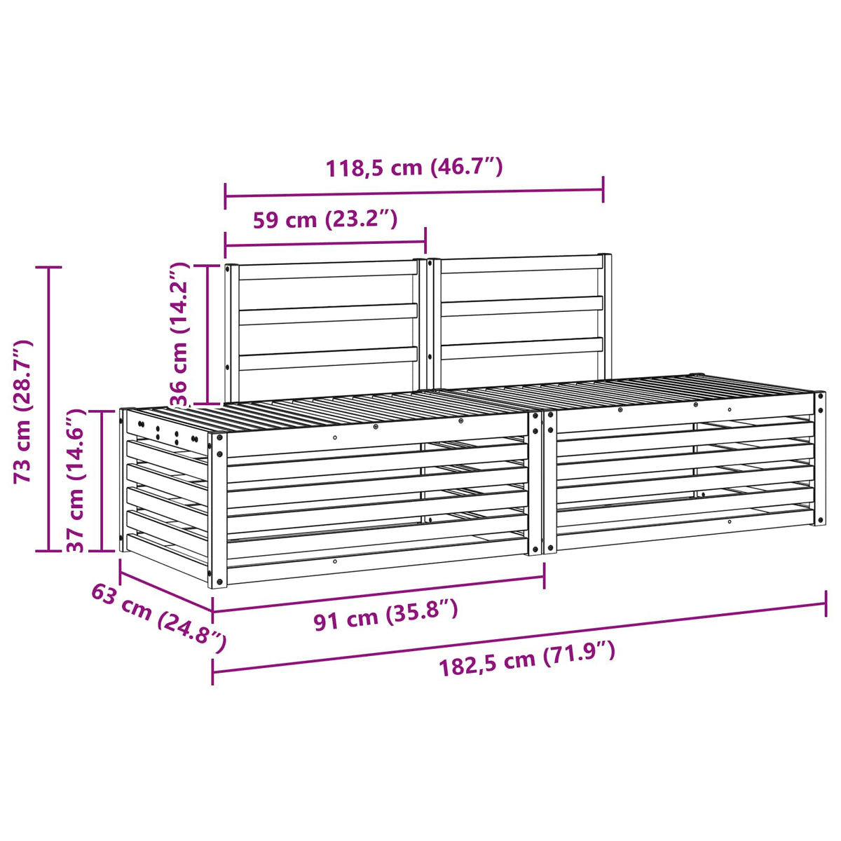 Outdoor Sofa Set 2 Piece 182.5 X 63 73 Cm Natural White Solid acacia wood 182.5