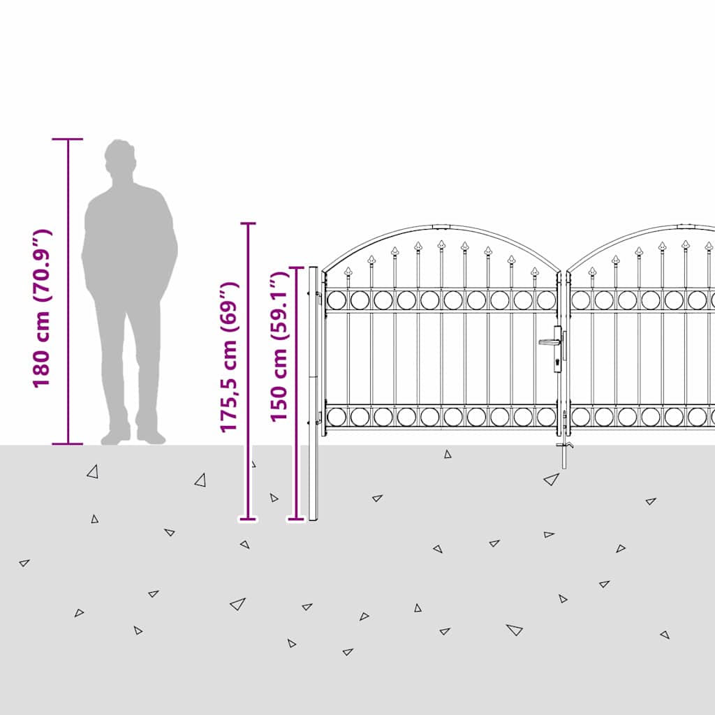 Garden Gate Black Double 300x125cm Steel Driveway Fence Lockable Grey LED 4 cm
