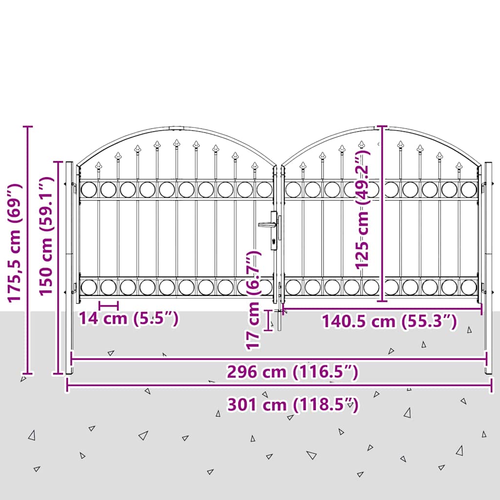 Garden Gate Black Double 300x125cm Steel Driveway Fence Lockable Grey LED 4 cm