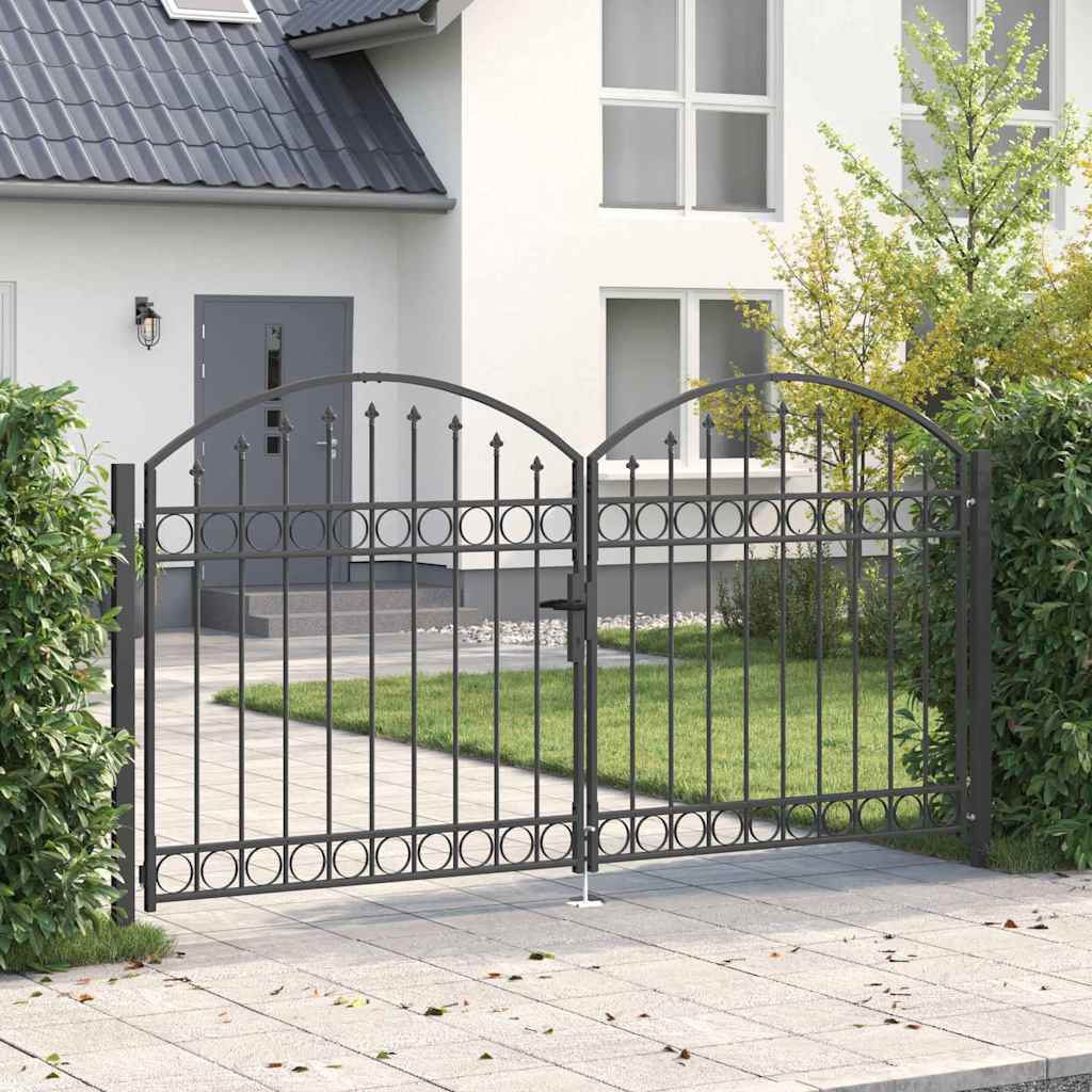 Garden Gate Black Double 300x125cm Steel Driveway Fence Lockable Grey LED 4 cm