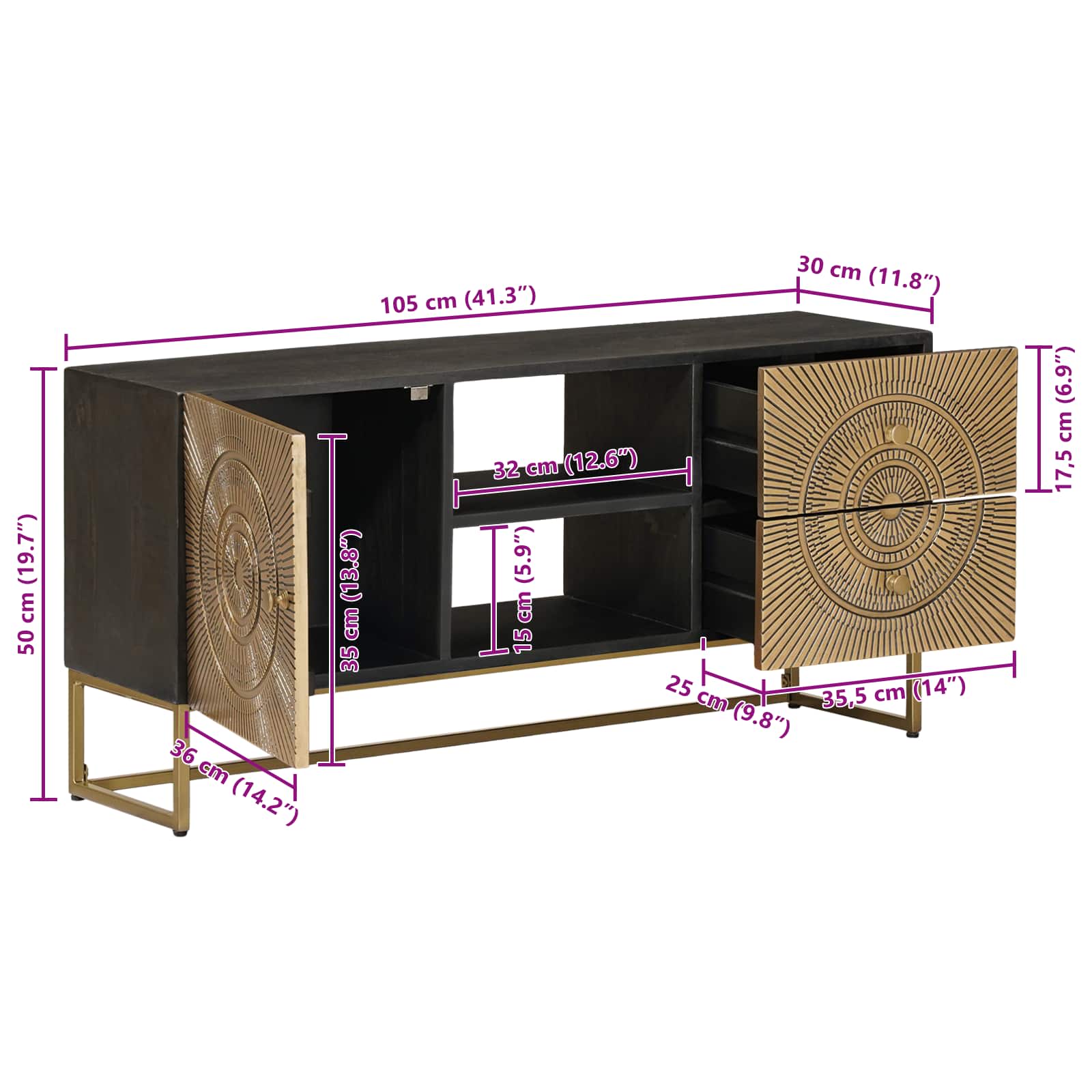 Tv Cabinet With Drawer With Shelf Brass 105 X 30 X 50 Cm