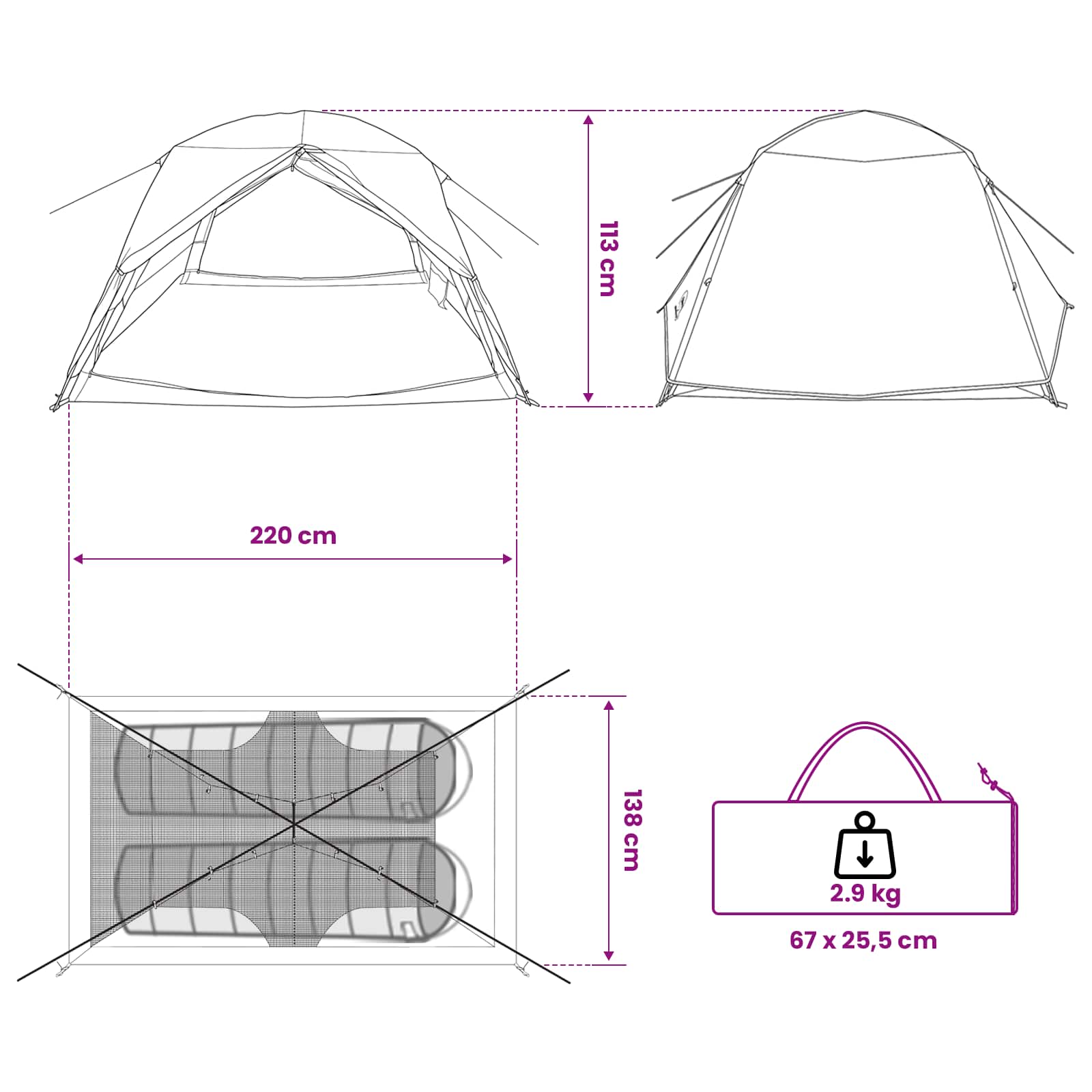 Backpacking Tent Blue 2-Person 185T Polyester With Pu Coating