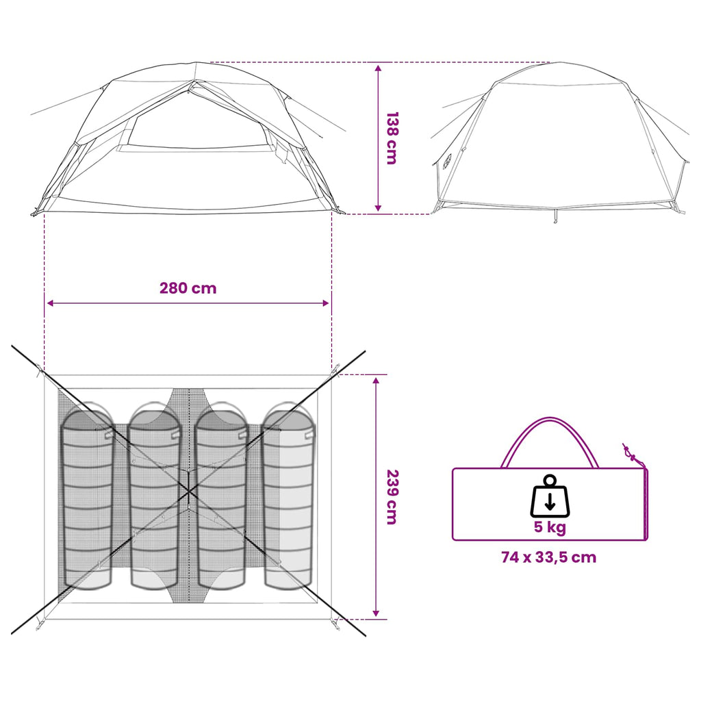 Backpacking Tent Green 4-Person 185T Polyester With Pu Coating