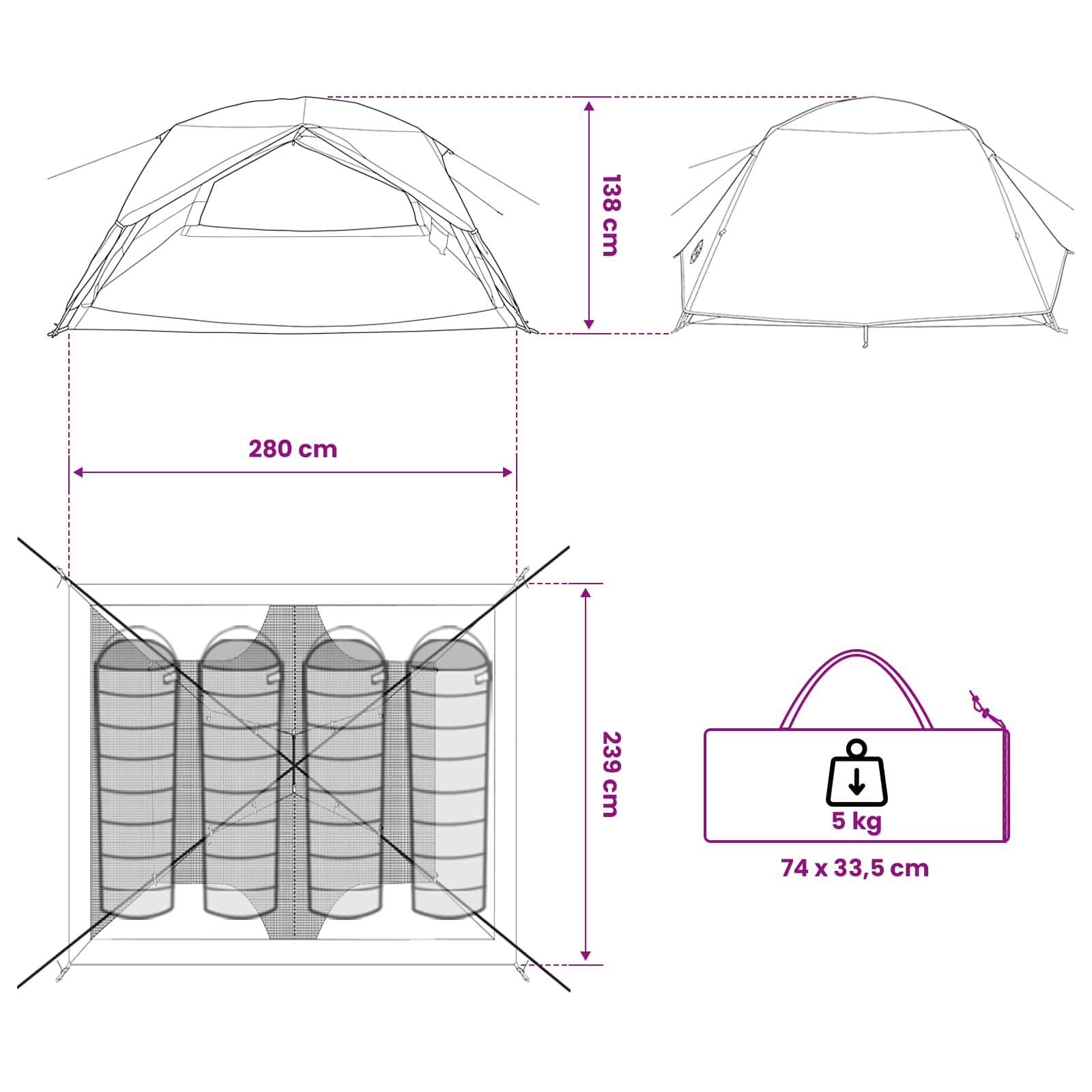 Backpacking Tent Green 4-Person 185T Polyester With Pu Coating