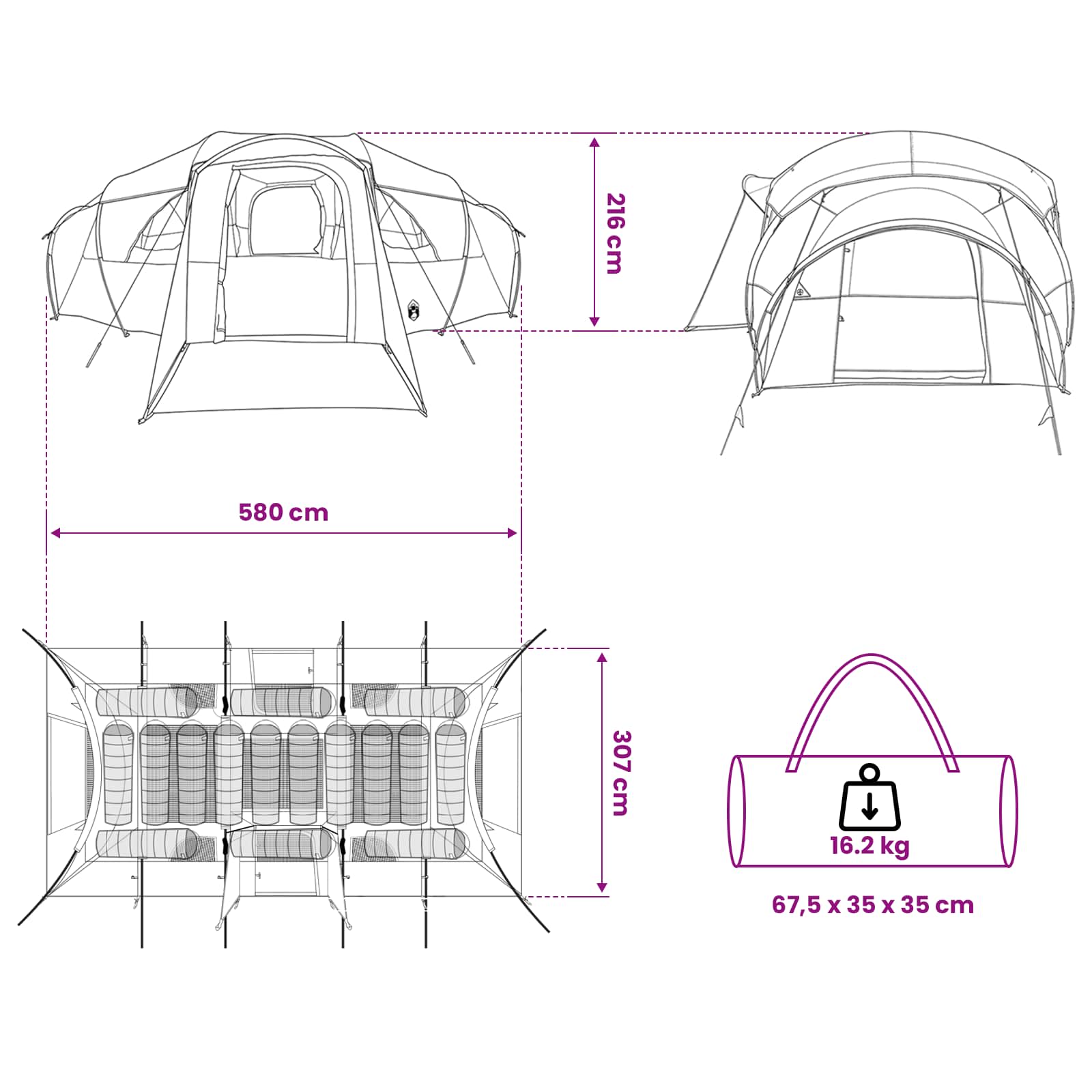Family Tent With Rainfly Water-Resistant Tunnel Blue 10-Person