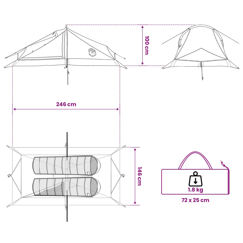 Backpacking Tent Green 2-Person 185T Polyester With Pu Coating