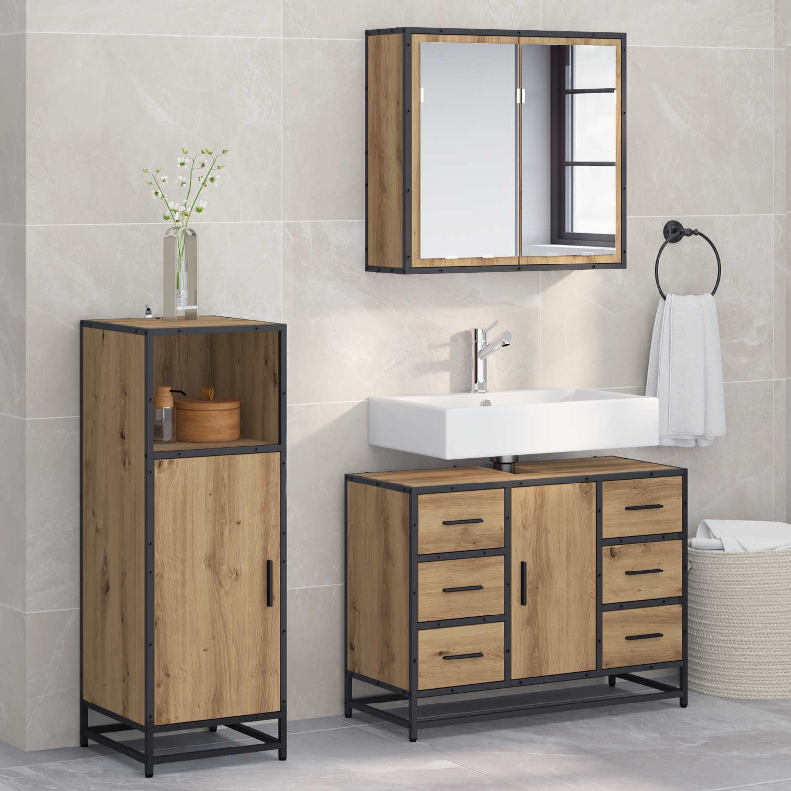 3 Piece Bathroom Furniture Set Engineered Wood