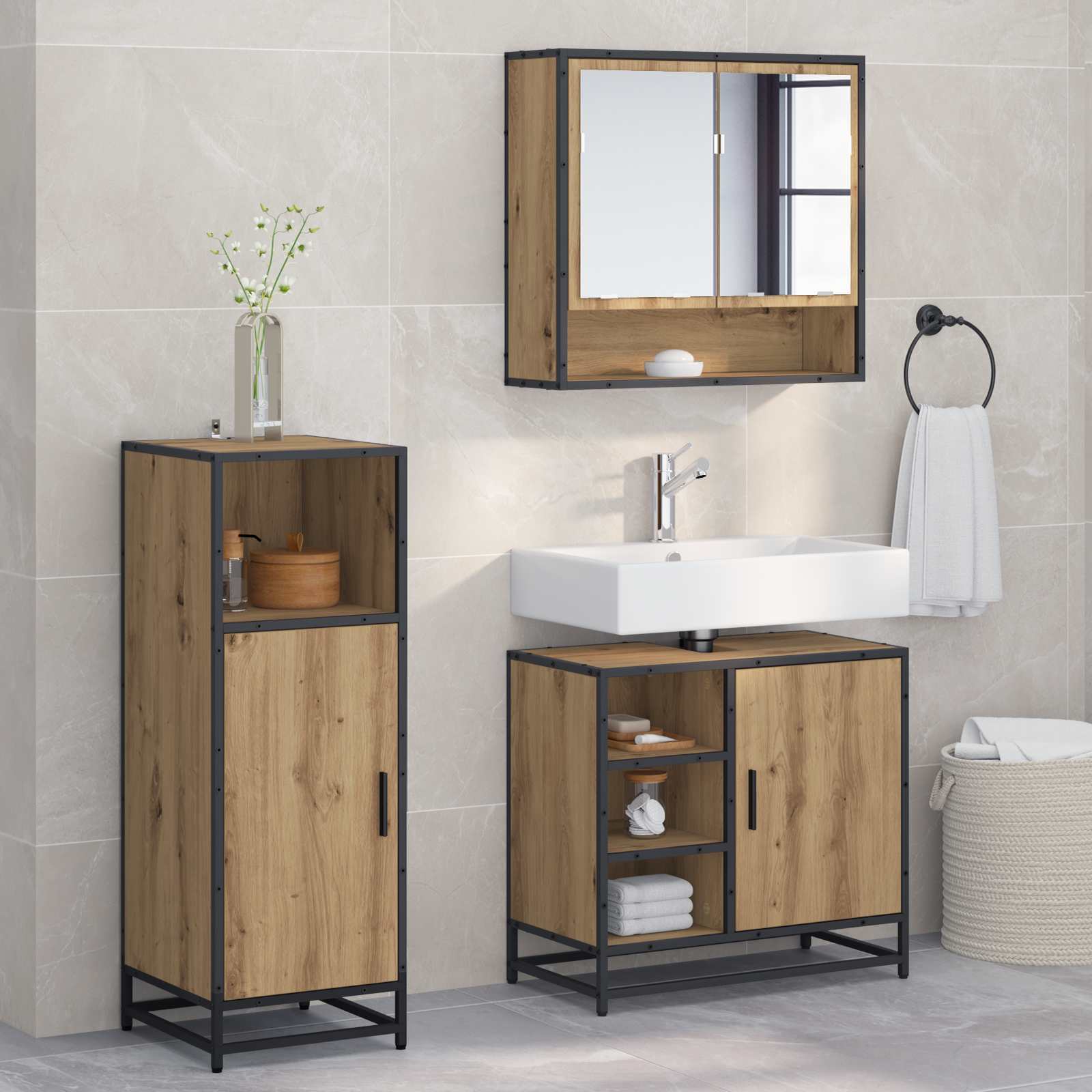3 Piece Bathroom Furniture Set Engineered Wood
