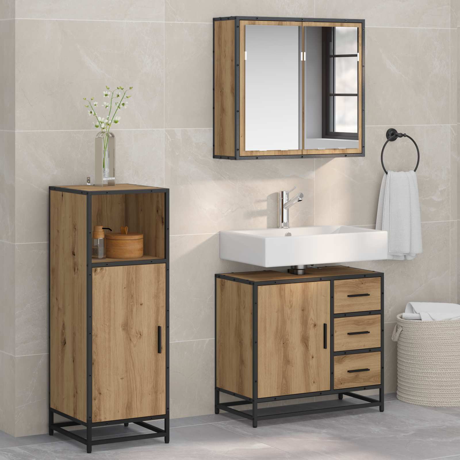 3 Piece Bathroom Furniture Set Engineered Wood