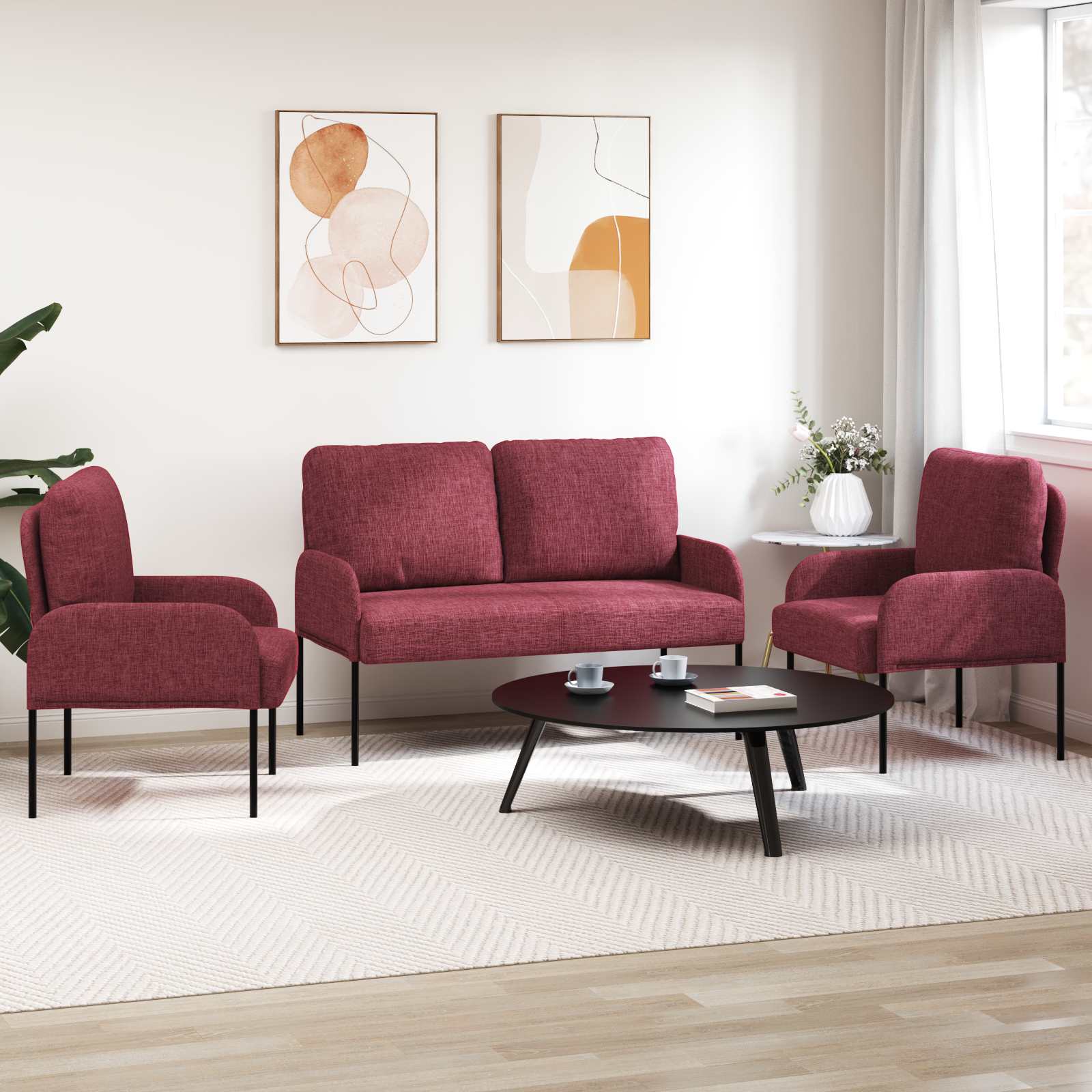 Sofa Sets With Cushion 3 Pcs Wine Red 115 X 56 X 80 Cm Plywood