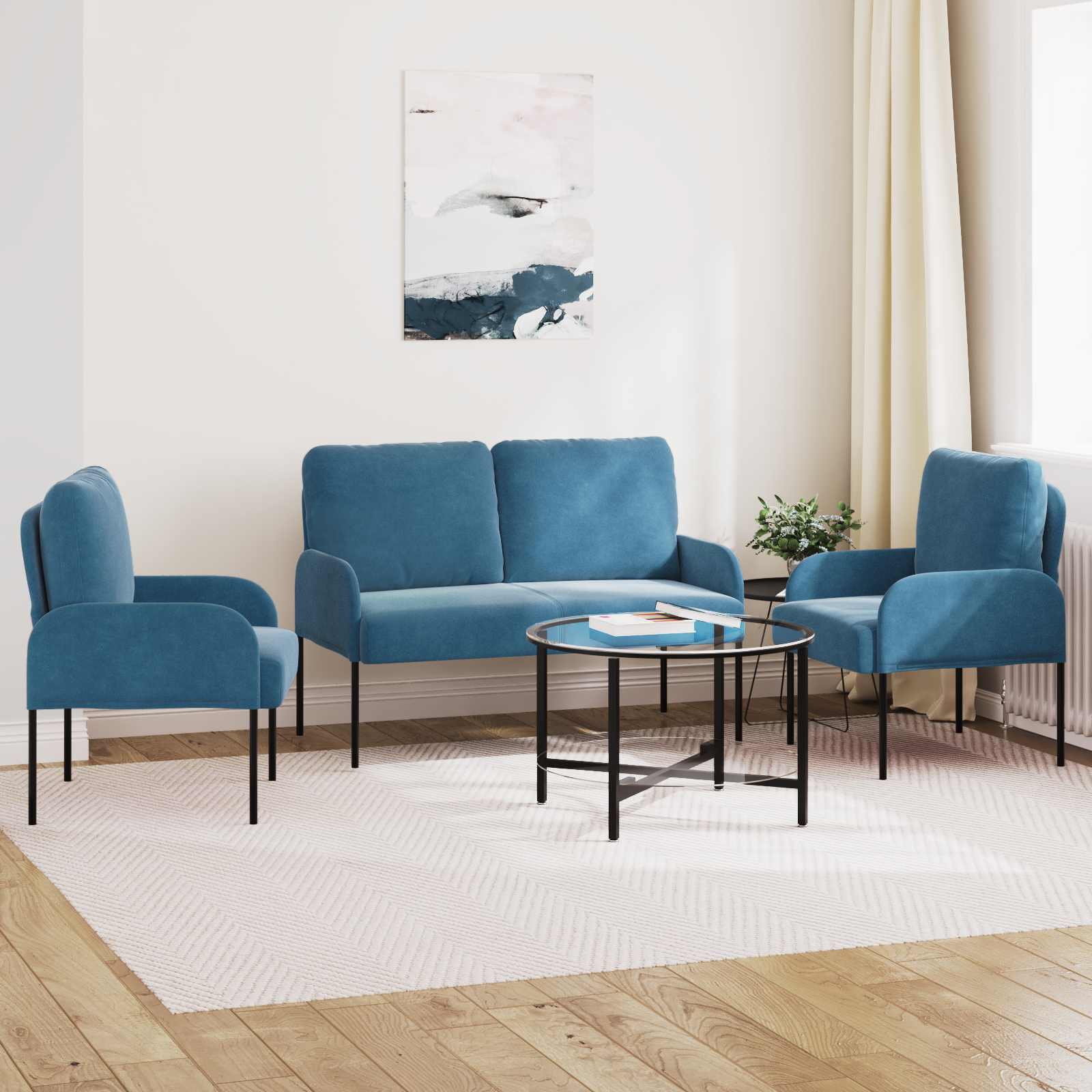 Sofa Sets With Cushion 3 Pcs Blue 115 X 56 X 80 Cm Plywood