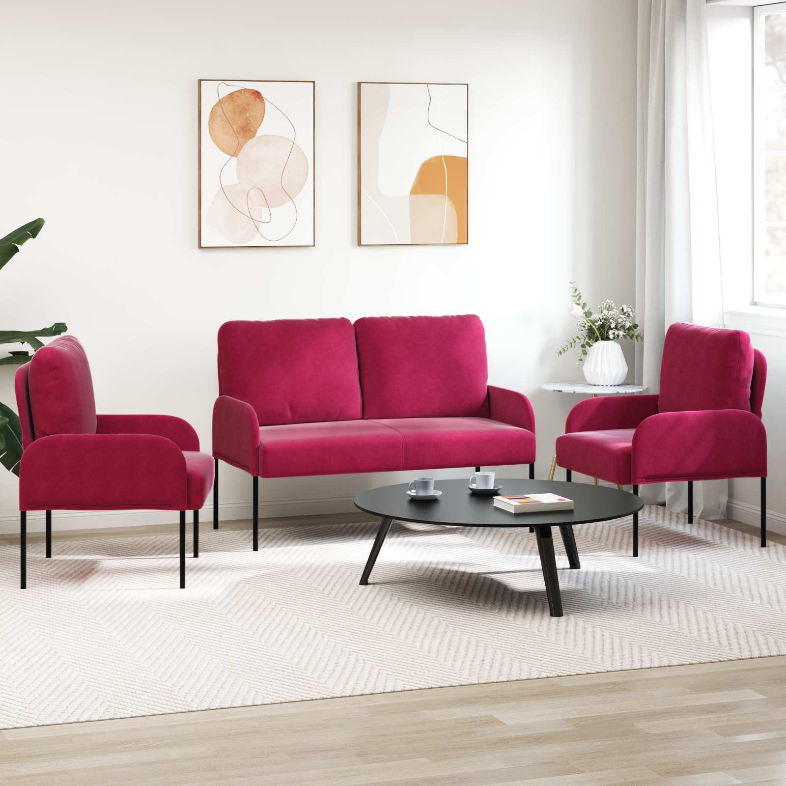Sofa Sets With Cushion 3 Pcs Wine Red 115 X 56 X 80 Cm Plywood