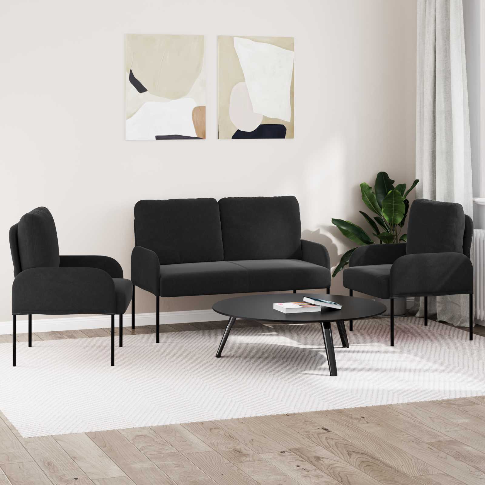 Sofa Sets With Cushion 3 Pcs Black 115 X 56 X 80 Cm Plywood