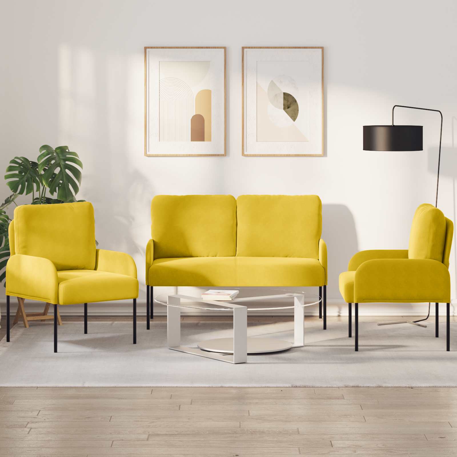 Sofa Sets With Cushion 3 Pcs Yellow 115 X 56 X 80 Cm Plywood