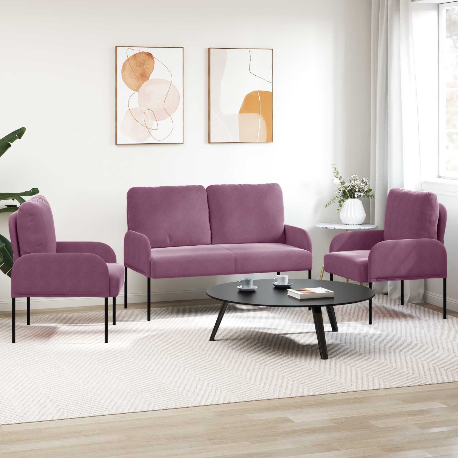 Sofa Sets With Cushion 3 Pcs Purple 115 X 56 X 80 Cm Plywood