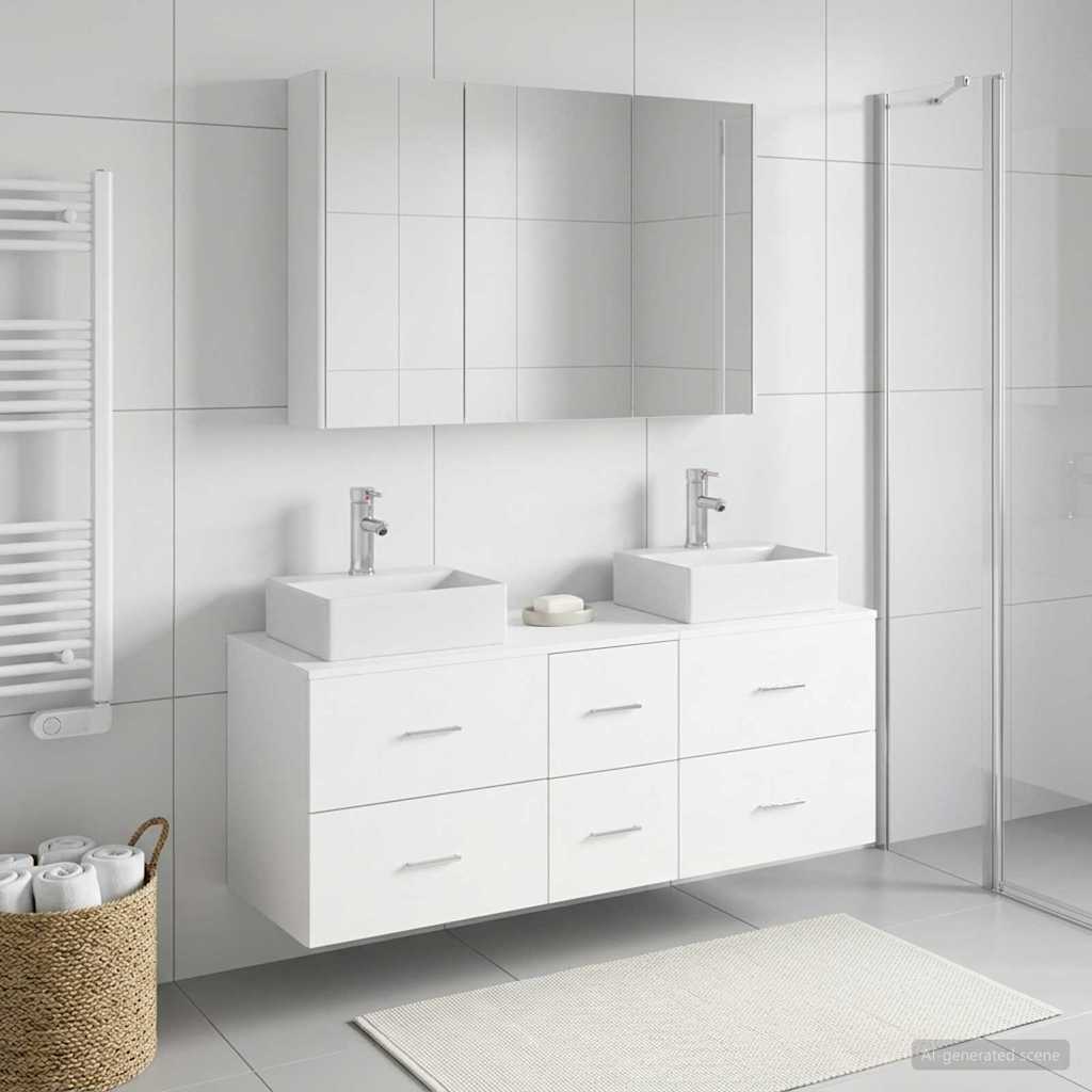 Furniture Set Bathroom 4 Pcs White Artisan Oak Sonoma Oak Concrete Grey LED