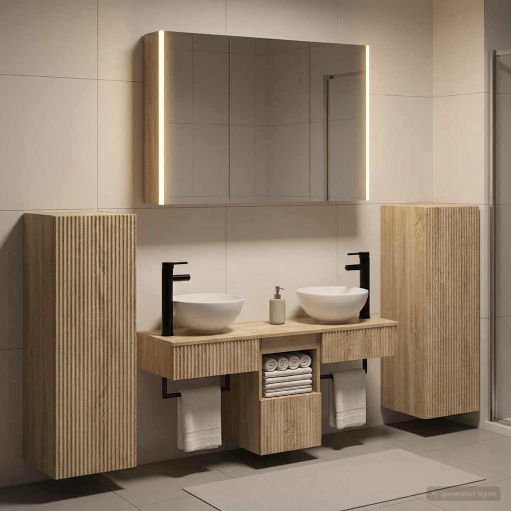 Furniture Set Bathroom 6 Pcs Concrete Grey Sonoma Oak Smoked Oak Artisan Oak LED