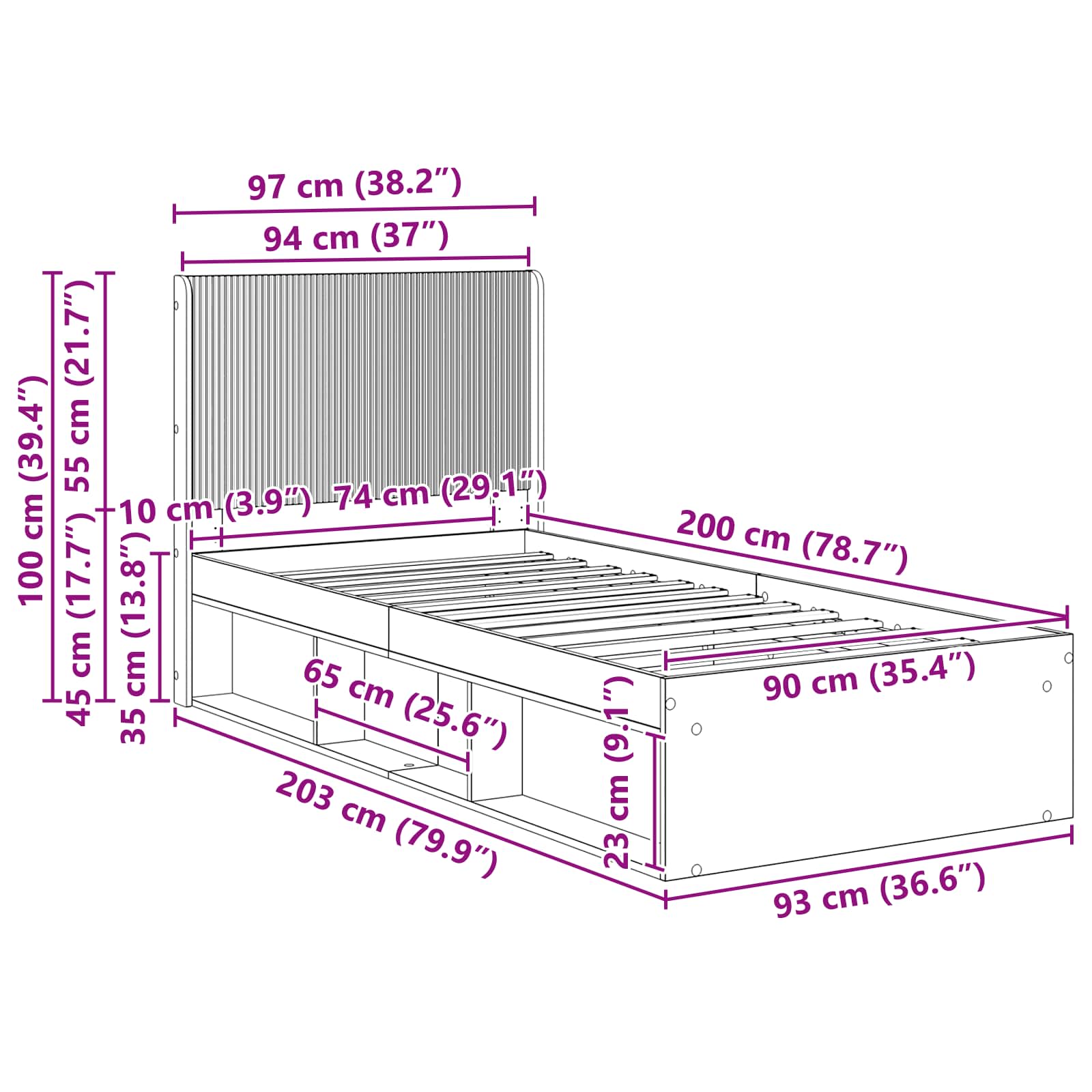 Bed Frame With Storage And Headboard Smoked Oak 90 X 200 Cm