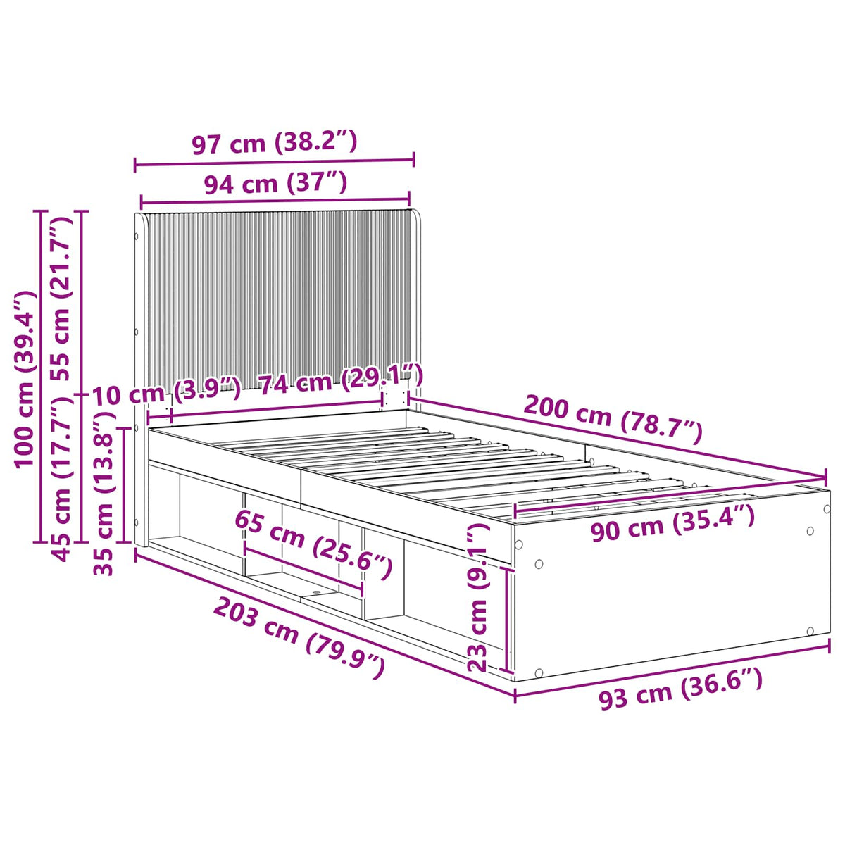 Bed Frame Storage Headboard Smoked Oak 90 X 200 Cm 203 cm