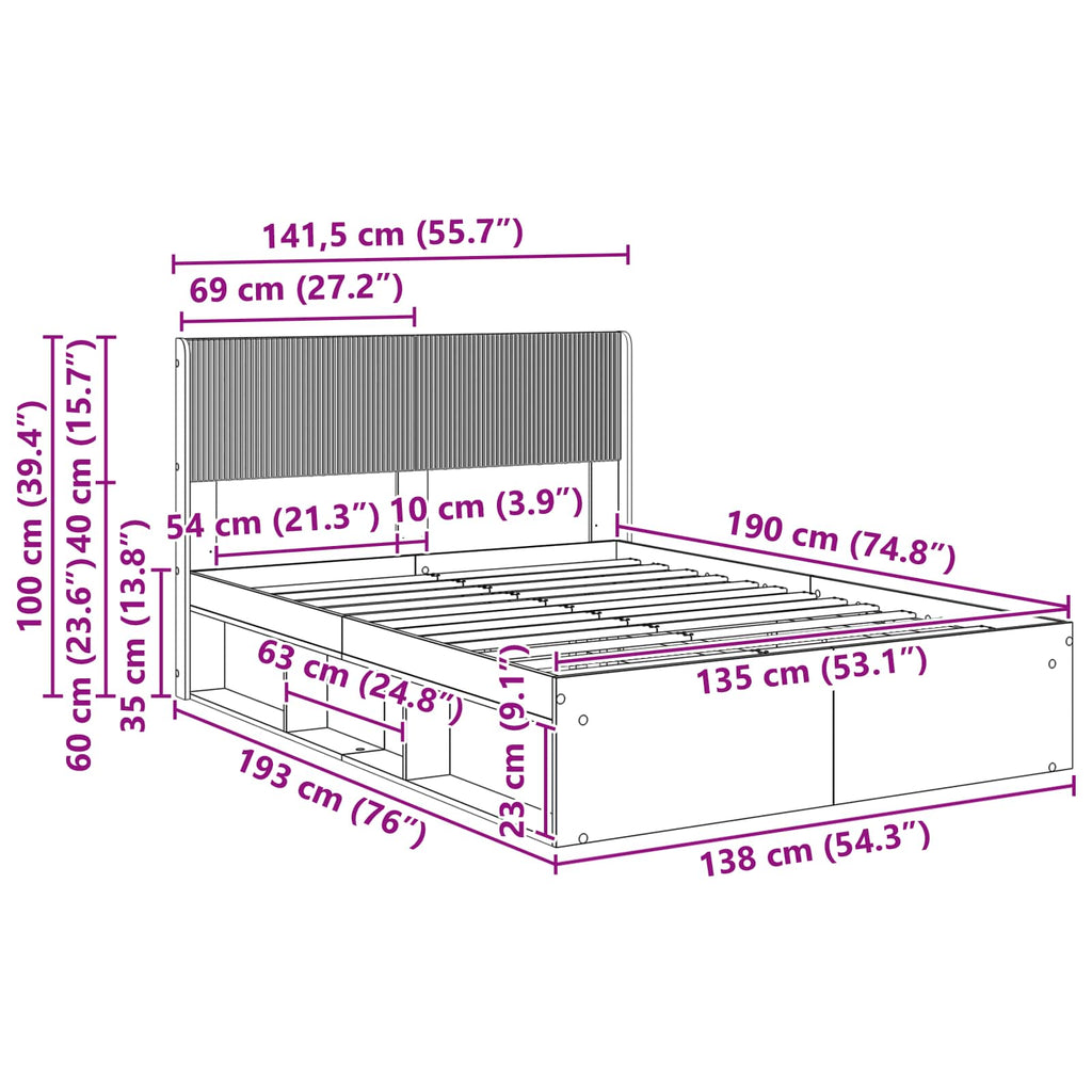 Bed Frame Storage Headboard Concrete Grey 135 X 190 Cm 193 cm