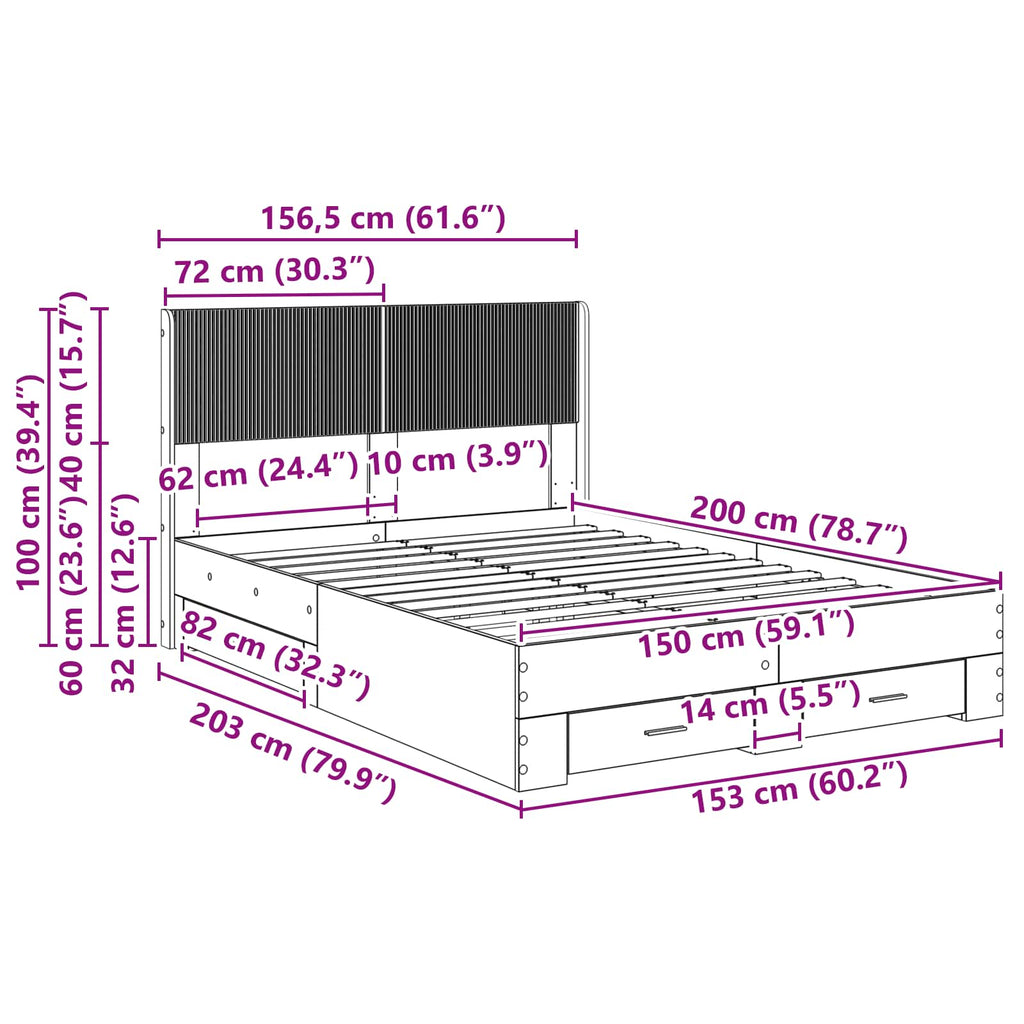 Bed Frame Storage Headboard Sonoma Oak 150 X 200 Cm 203 cm