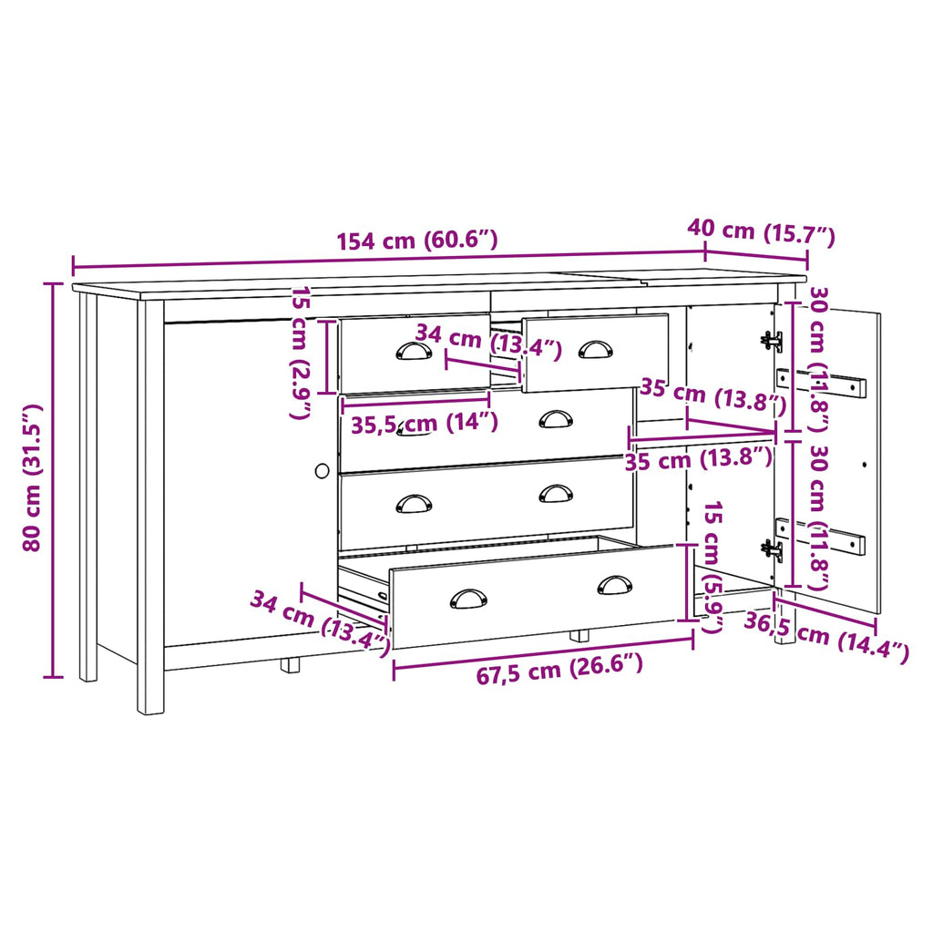 Sideboard Hill Honey Brown 154 X 40 X 80 Cm Solid Pine Wood