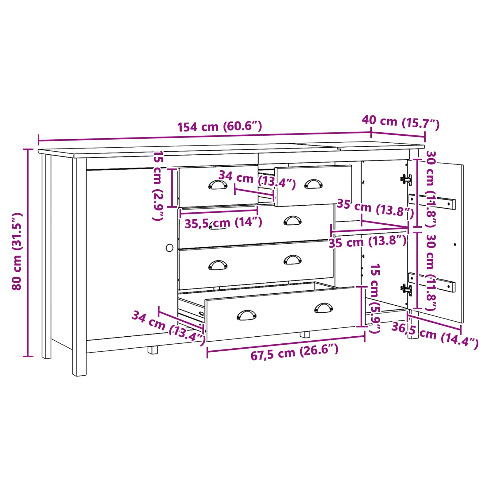 Sideboard Hill Honey Brown 154 X 40 X 80 Cm Solid Pine Wood