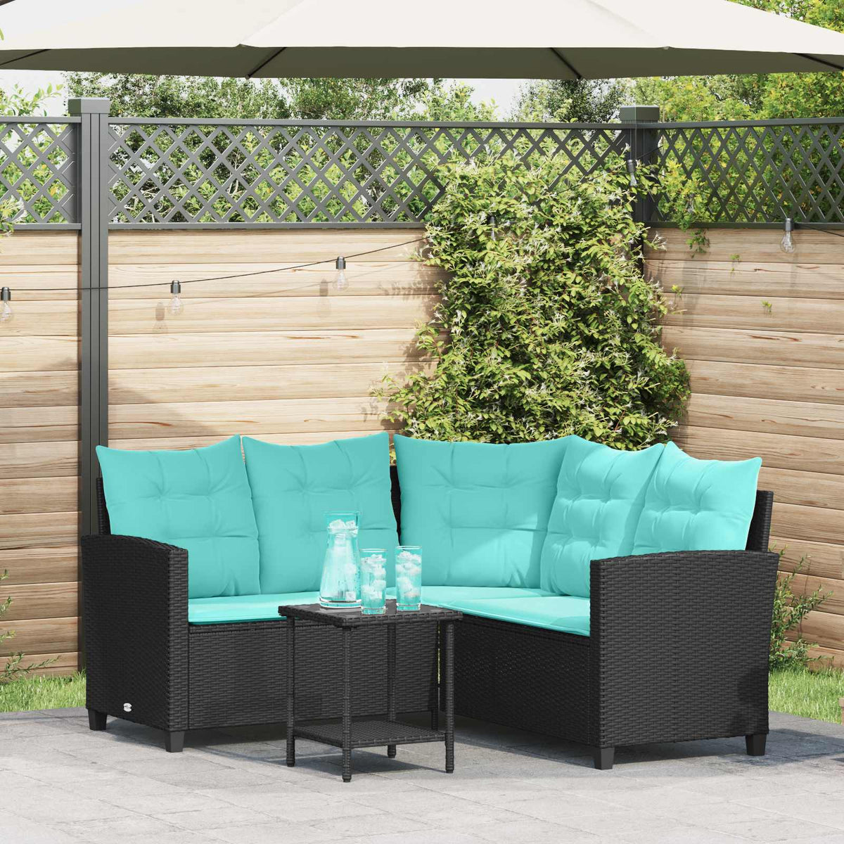 Outdoor Sofas Garden Sofa Cushion 2 Pcs Poly Rattan Black and turquoise 146 cm