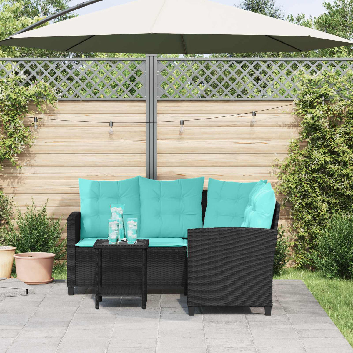 Outdoor Sofas Garden Sofa Cushion 2 Pcs Poly Rattan Black and turquoise 146 cm