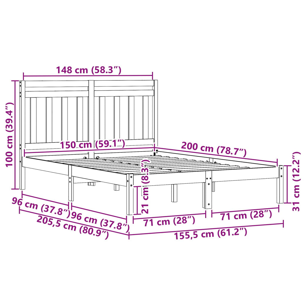Bed Frame 205.5 X 155.5 X 100 Cm Solid Pine Wood