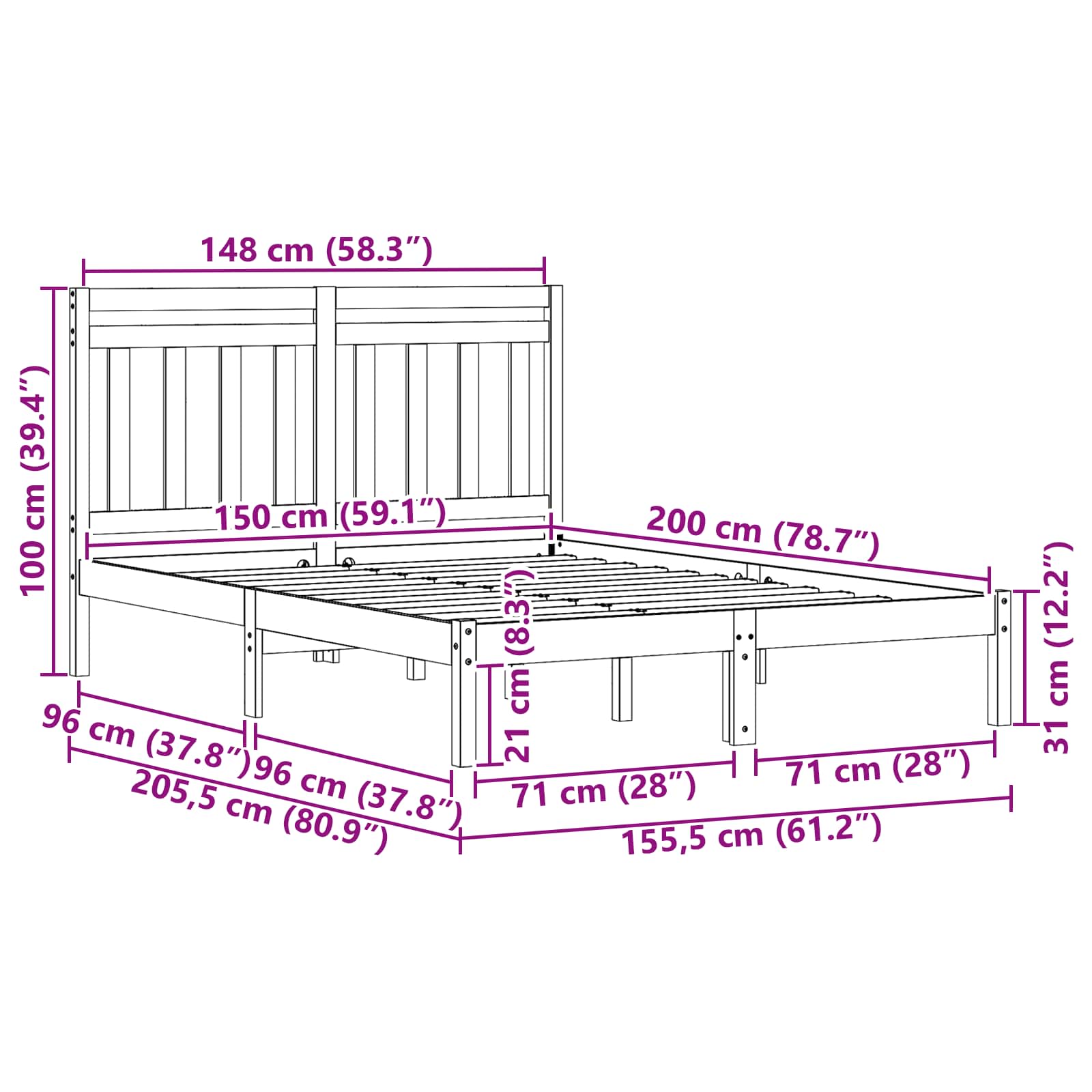 Bed Frame 205.5 X 155.5 X 100 Cm Solid Pine Wood