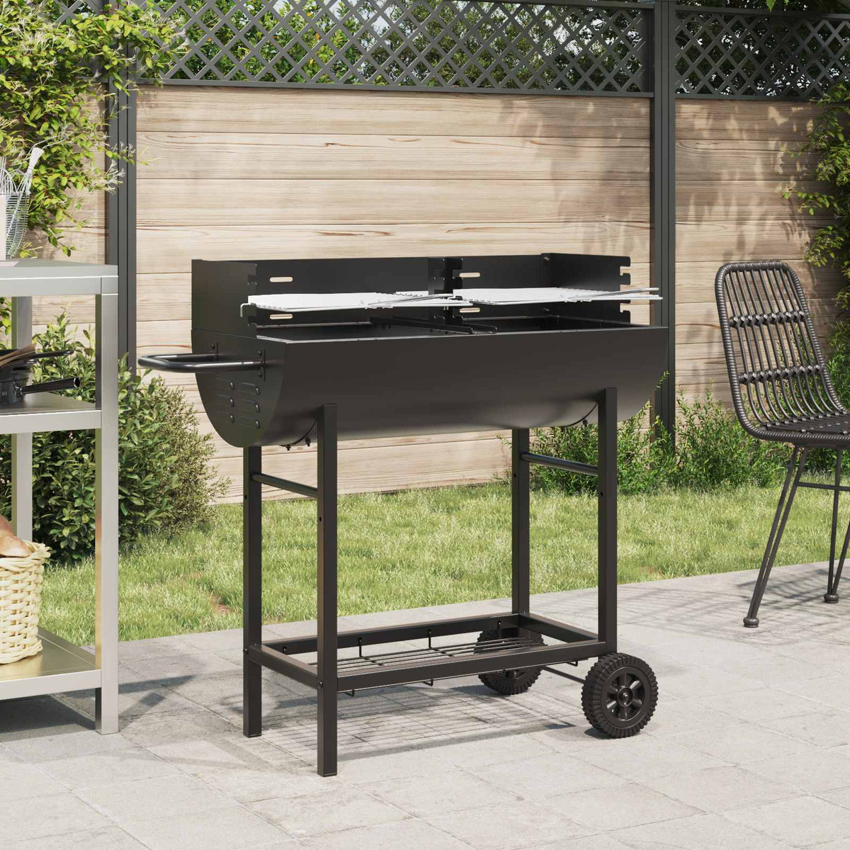 Outdoor Grills Charcoal BBQ Grill Barbecue Adjustable Grates & Wheels Black 96.5